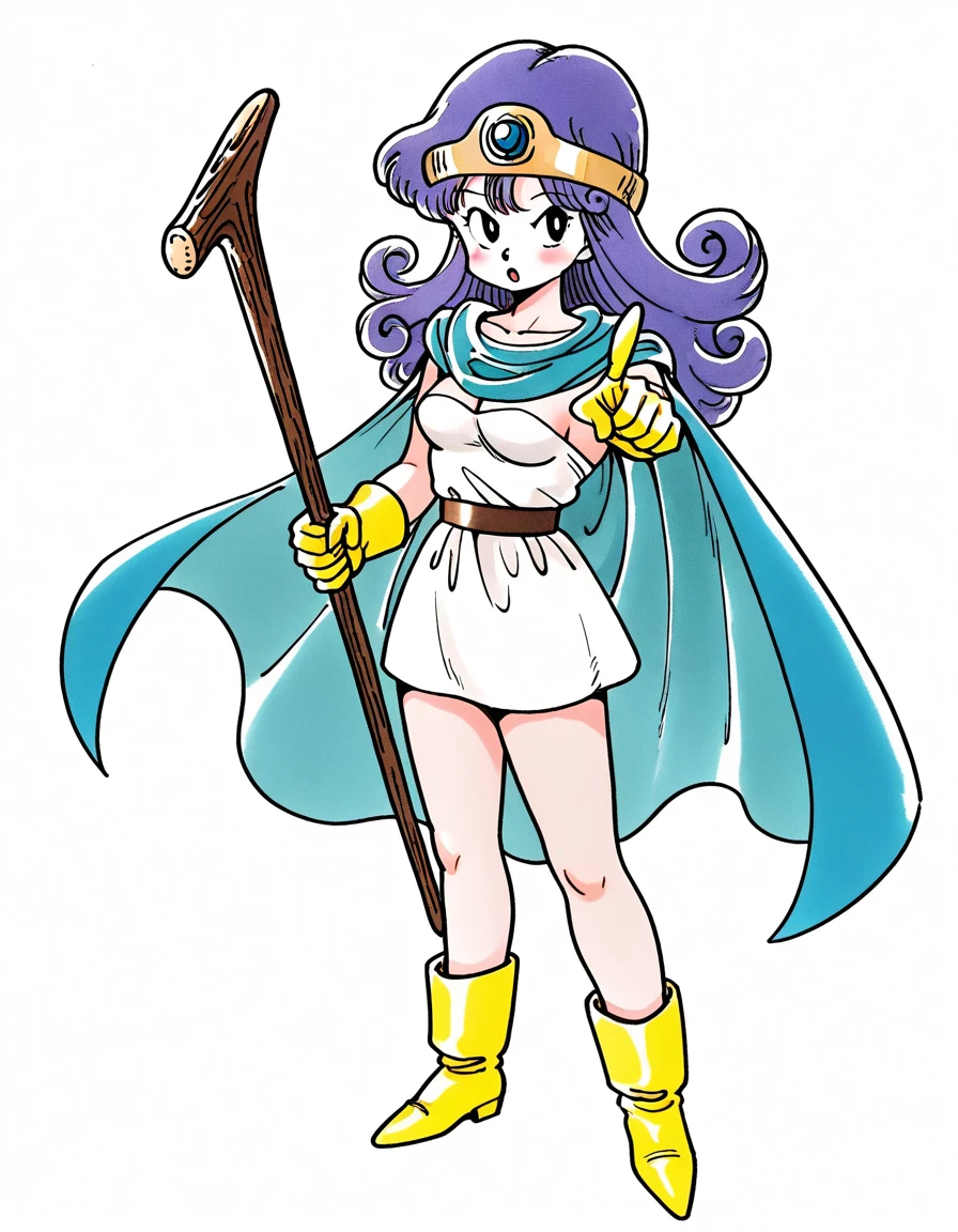 general,highres, ultra-detailed,very aesthetic,best quality ,best hands,  BREAK  <lora:Sage_DQâ¢_FC_IS:1>
Sage_DQâ¢_FC, 1girl,black eyes, long hair, blue hair,  purple hair, sage (dq3), breasts, curly hair, retro artstyle, 1980s (style), 
solo, cape, boots, yellow gloves, staff, yellow footwear, dress, holding, open mouth, circlet, looking at viewer, :o, white background, holding staff, pointing, 
simple background, white dress, blue cape, belt, short dress, full body, collarbone, blush, standing, index finger raised