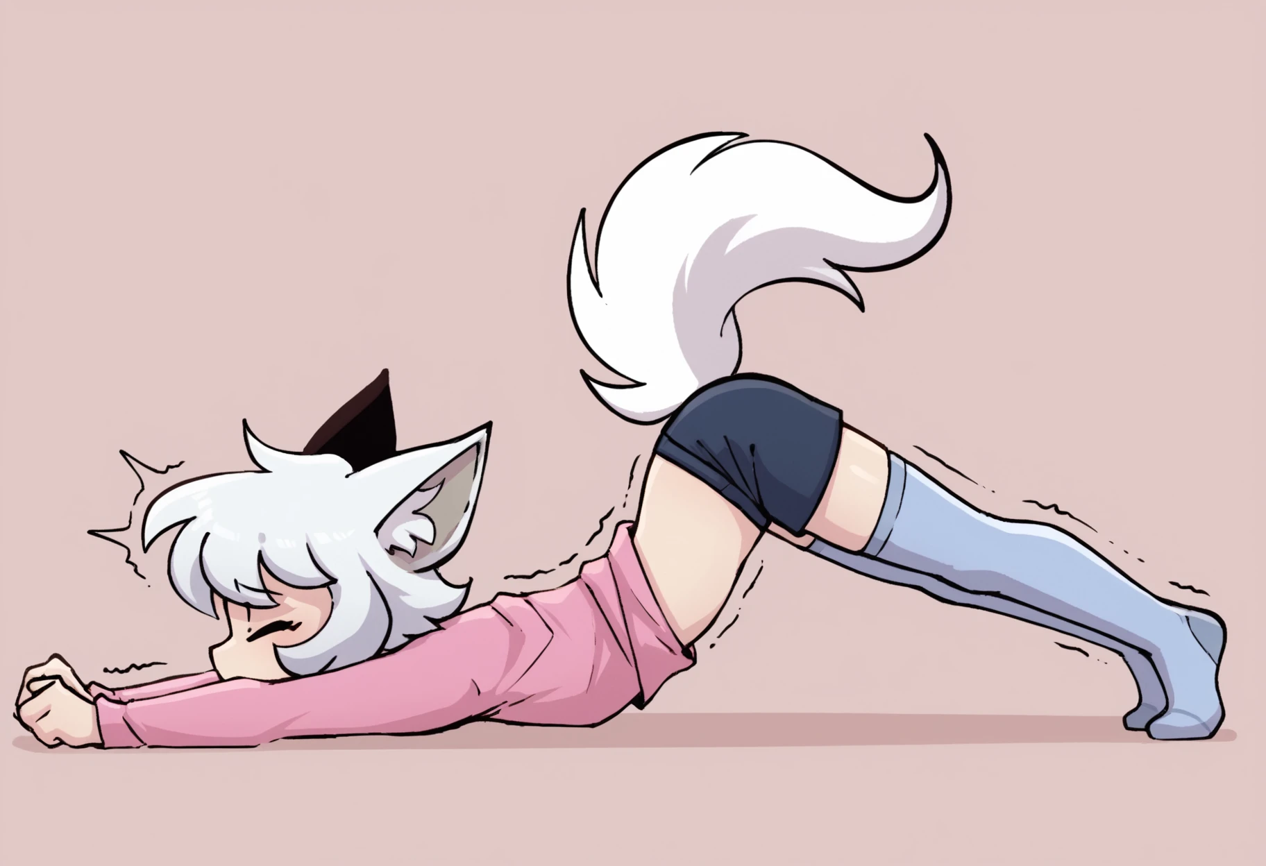 score_9, score_8_up <lora:Yuki-PONY:1> yuki, female, solo, top down bottom up, shirt, midriff, shorts, thighhighs, eyes closed, cute, simple background, stretching, side profile, trembling, tail, struggling, humanoid