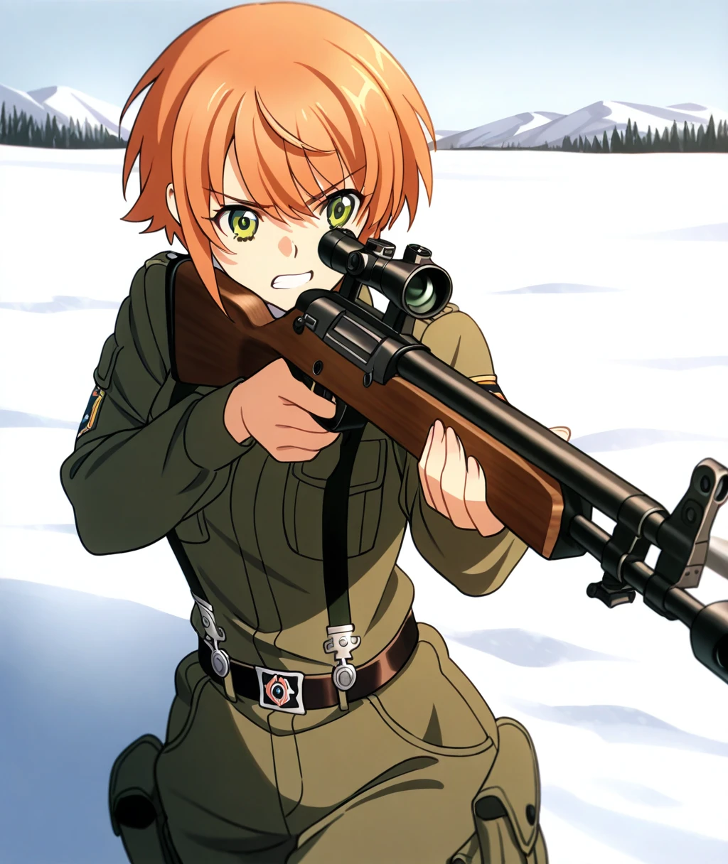 perfect quality, best quality, absolutely eye-catching, masterpiece, absurd res, ambient occlusion, raytracing, 1girl, solo, Anett, breasts, military combat uniform, cargo pants, belt, suspenders, holding rifle, outdoors, winter, snowy, open field, battlefield, clenched teeth, aiming rifle, pov, close up