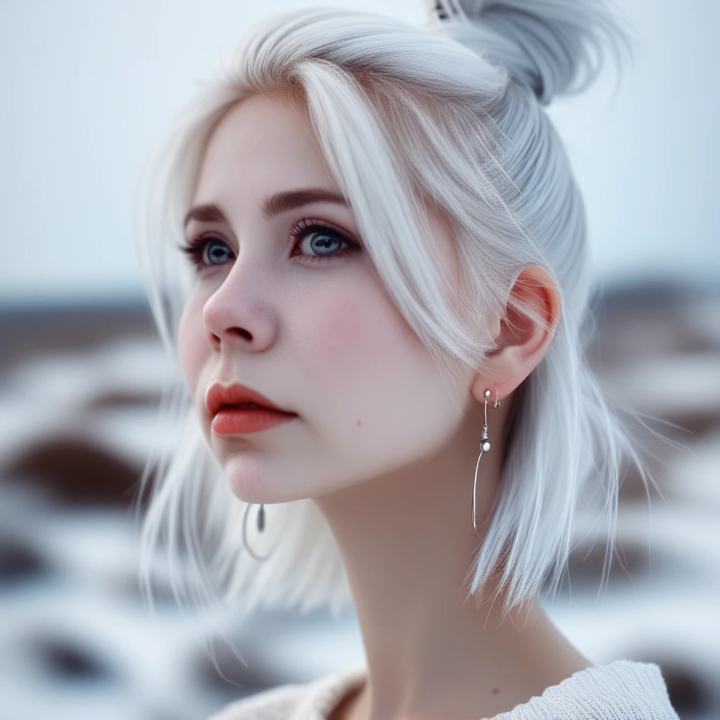 1girl, lips, mole, single hair bun, looking afar, white hair, nose, tears, earrings