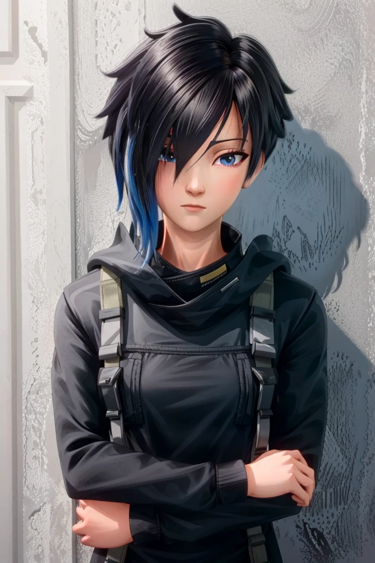 best quality, 1girl, standing, black blue theme,   <lora:Kai_Koguma-05:0.8> kai koguma, short hair, multicolor hair, black hair, blue hair, blue eyes, hair over one eye, cute