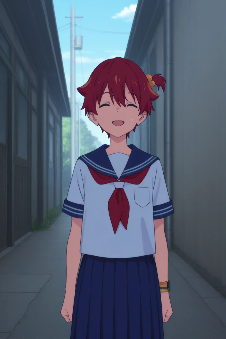 masterpiece, best quality, amazing quality, very aesthetic, absurdres, newest, masterpiece, best quality, amazing quality, very aesthetic, absurdres, newest,
yuta hibiki, blue eyes, red hair, short ponytail, side ponytail, sailor collar, crossdressing, school uniform, male focus, serafuku, closed eyes,  skirt, 1boy, solo, smile, pleated skirt, open mouth, 1boy, hair ornament, hair bobbles, sweatdrop, blue skirt, outdoors