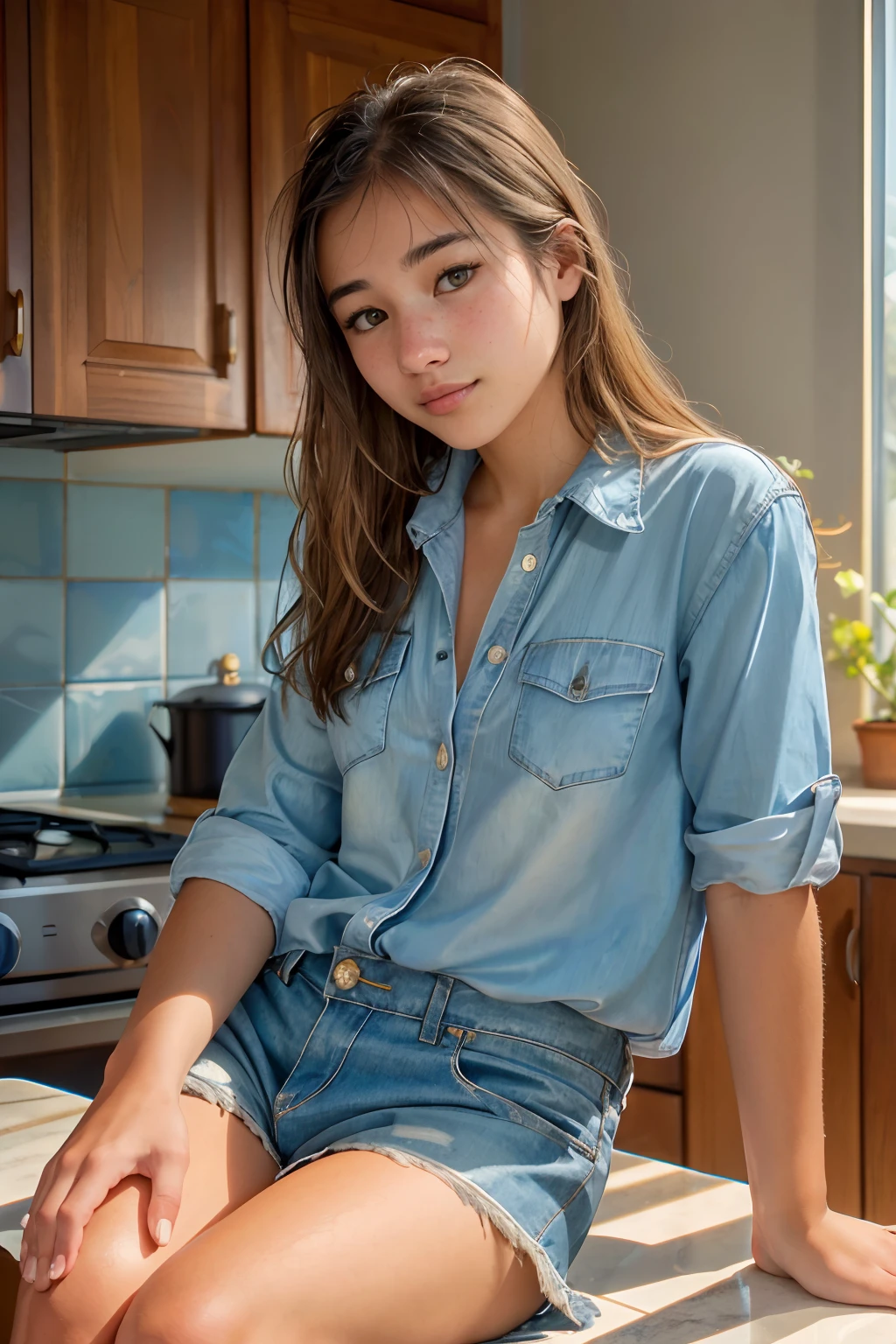 BREAK a photograph of (1girl, 19 years old, slight smile, <lora:ZH_P0Wyang_v1SD15:0.9>, zh_p0wyang, solo, realistic, long hair, lips, looking at viewer), wearing (loose chambray button shirt and shorts)