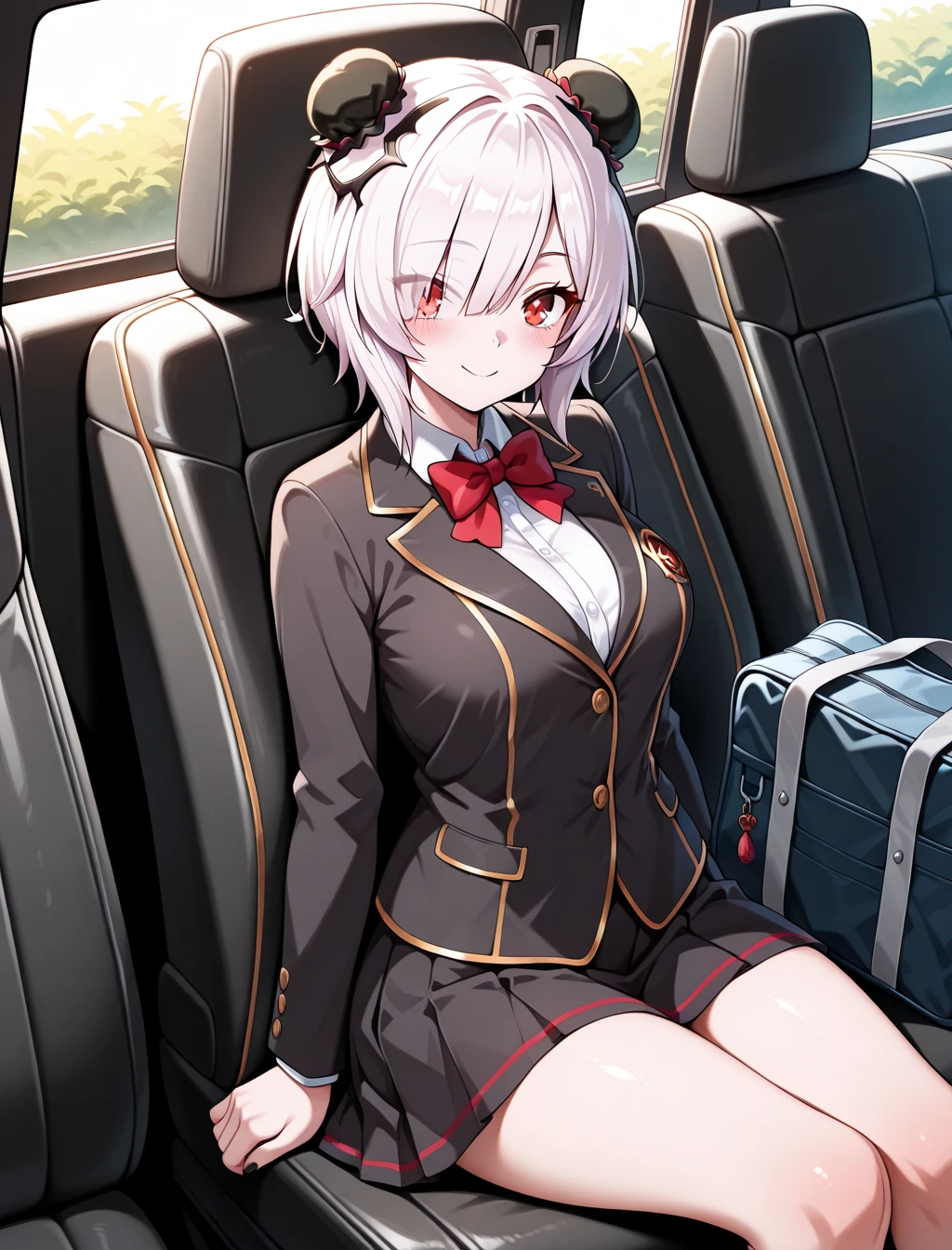 (masterpiece) ,best quality,amazing quality,very aesthetic,absurdres,newest, anime style, BREAK Shu_Xian, car seat, sitting, (school uniform), smile, school bag