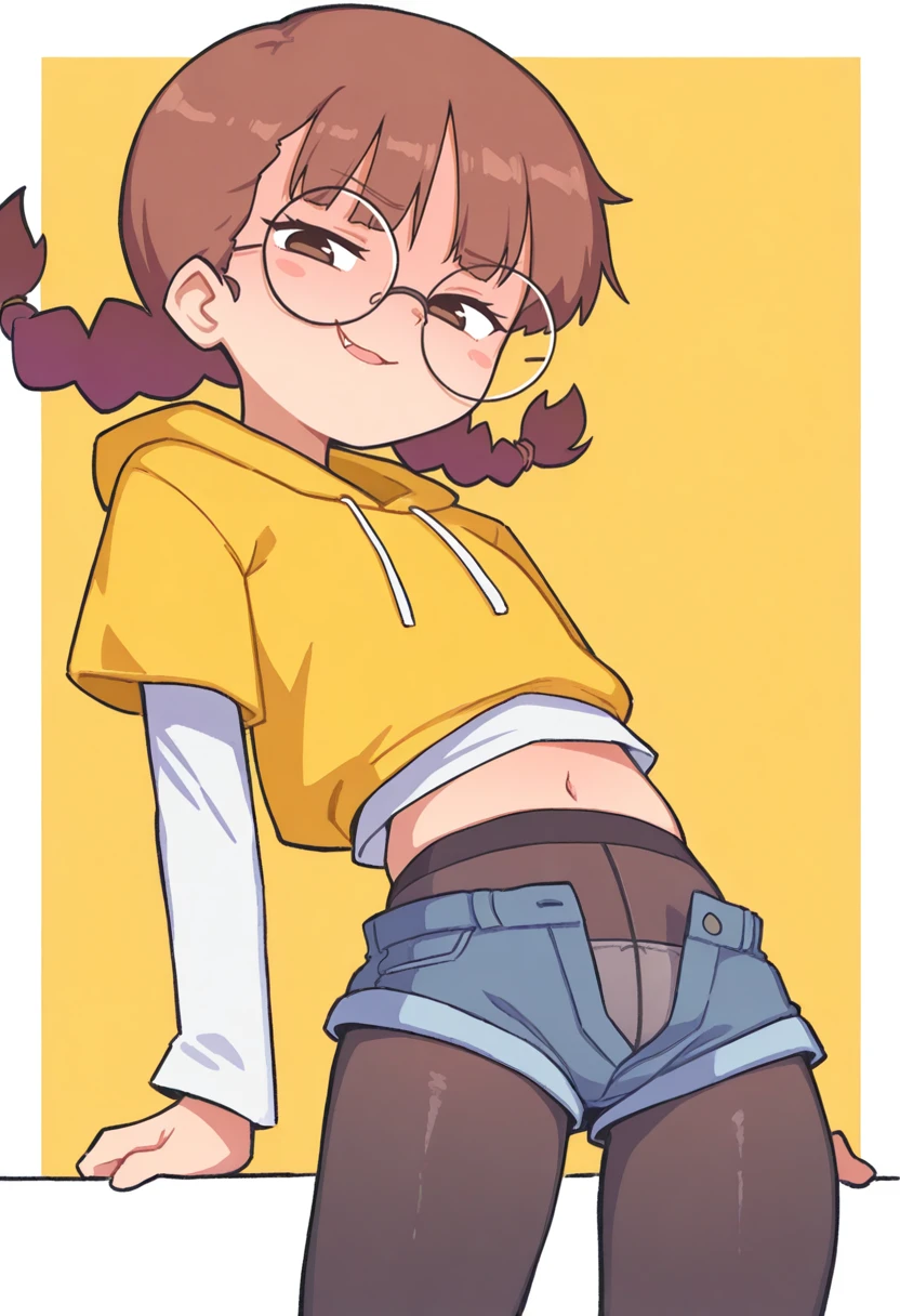 masterpiece, best quality, amazing quality, very aesthetic, absurdres, 1girl, solo,
<lora:Orenji-IL:0.9> orenji, :3, smug, fang, parted lips, midriff, panties under pantyhose, white shirt, long sleeved shirt, short sleeved hoodie, navel,
brown hair, round eyewear, glasses, brown eyes, twin braids, squinting, petite, yellow hoodie, hood down, short sleeves, denim shorts, black pantyhose, waistband, open fly,