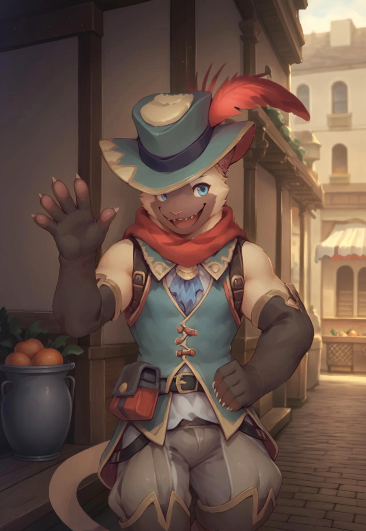 score_9, score_8_up, score_7_up, source_anime, furry, 1boy, solo, cyrus, cat boy, blue eyes, tail, pants, vest, hat feather, pounch, belt, elbow gloves, waving hi, smile, open mouth, looking at viewer, in market, outdoors, night time, people, crowd, vegetable, fruits