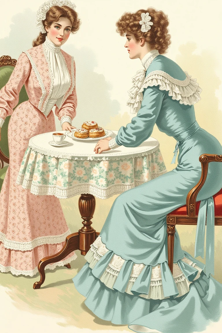 Illustration HBClaflin style, a Victorian Tea Party: Two Ladies Engaged in Conversation, with a Cup of Tea and Pastries on an Antique Table