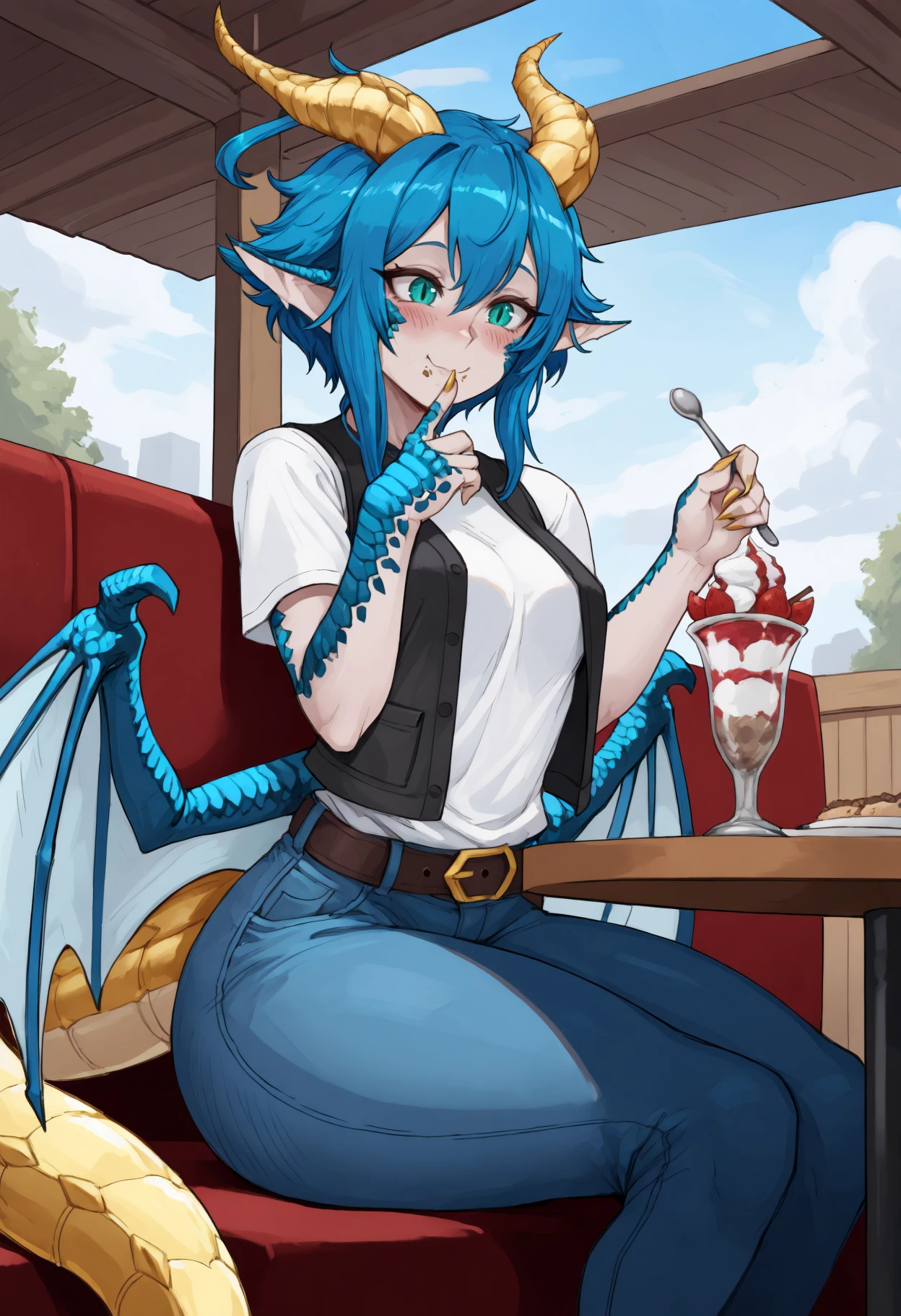 masterpiece, best quality, 1girl, monster girl, horns, blue scales, aqua eyes, slit pupils, animal ears, pointy ears, blue hair, short hair with long locks, hair between eyes, yellow tail, gold tail, yellow tail scales, animal hands, claws, gold nails, medium breasts, blue wing scales, low wings, white wings,
black vest, white t-shirt, belt, denim jeans,
excited, blush, happy, sundae, food, closed mouth, foodgasm, holding spoon, crumbs on mouth, finger to mouth,
outdoors, restaurant, booth seating, sitting, table, sky, clouds,
<lora:Skadi-Dragenfelt-NoobAi-1.1_V1-Manityro-CAME:1>,