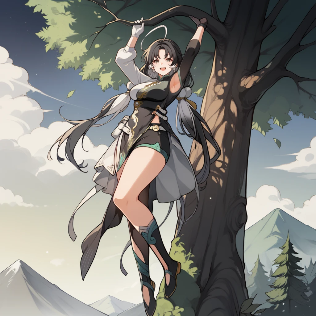 score_9_up, score_8_up, score_7_up, source_anime, 1girl, solo, mountain, sun light, forest, trees, shadow, clouds, sun rise, hanging on tree branch, raised arms, holding onto branch, grabbing branch, half-opened mouth, curious, smile, pull up, full body, midair, looking at you, from below, foreshortening, dangling legs, Jianxin, Jia_Def, black hair, long hair, grey eyes, chinese clothes, dress, black shorts, teal trim, single thigh boot, single knee boot, clothing cutout, open skirt, two-tone skirt, white belt, pouch, asymmetrical clothes, two-tone dress, white dress, black dress, low twintails, colored inner hair, white hair, ahoge, asymmetrical legwear, asymmetrical footwear, white glove, black glove, mismatched gloves, mismatched sleeves, asymmetrical sleeves, white sleeve, black sleeve, elbow glove, singe glove, armpit cutout, mature body, dynamic cowboy shot, 