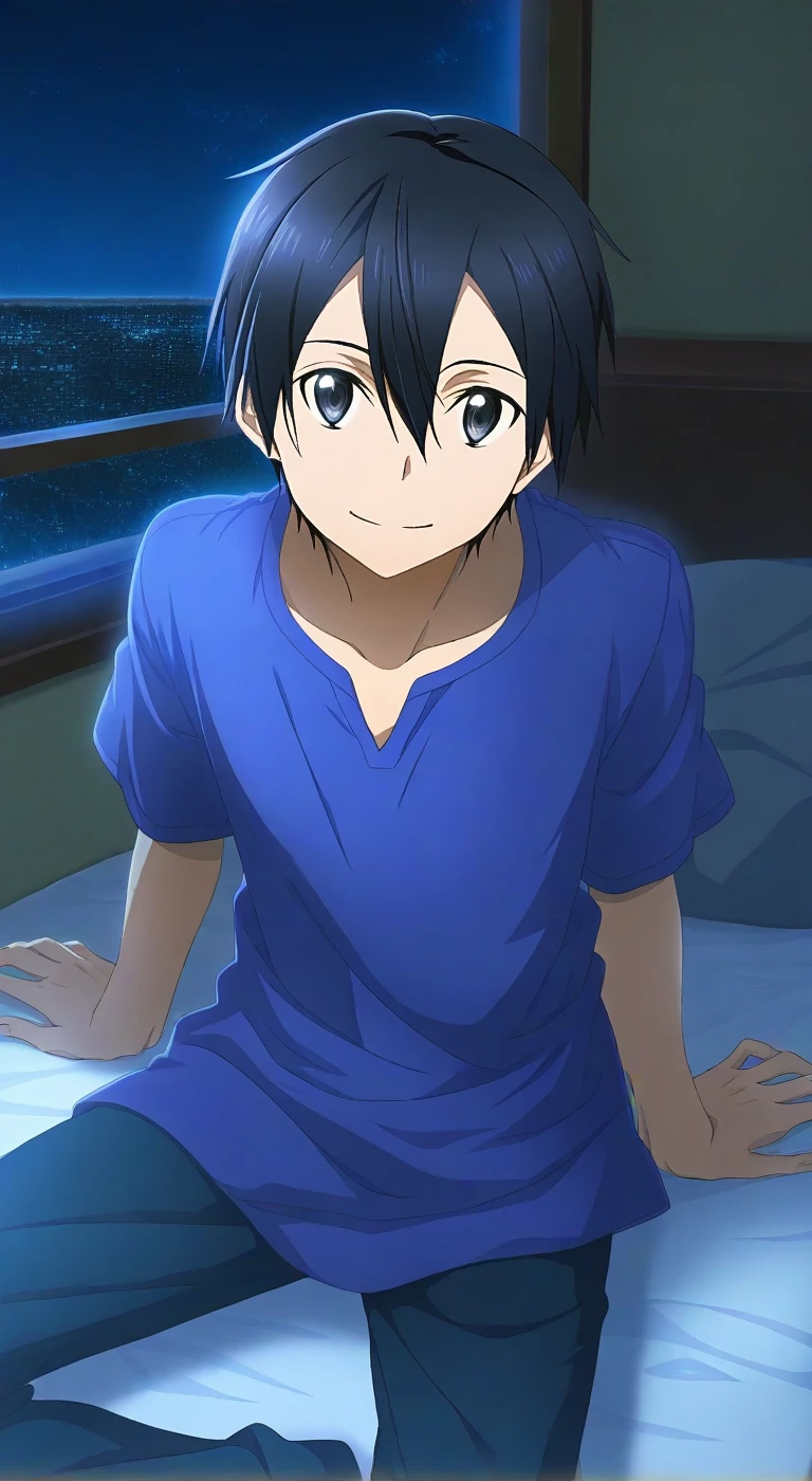 score_9, score_8_up, score_7_up, source_anime, highres, (masterpiece, best quality,cinematic lighting, (anime, anime coloring:1.3),1boy,solo,male focus,kazuto kirigaya,kirito,black hair,black eyes,hair between eyes,smile,pajama,pajama pants,pajama shirt,bedroom,night,indoor,bed,sitting in bed,smile,pattern pajama