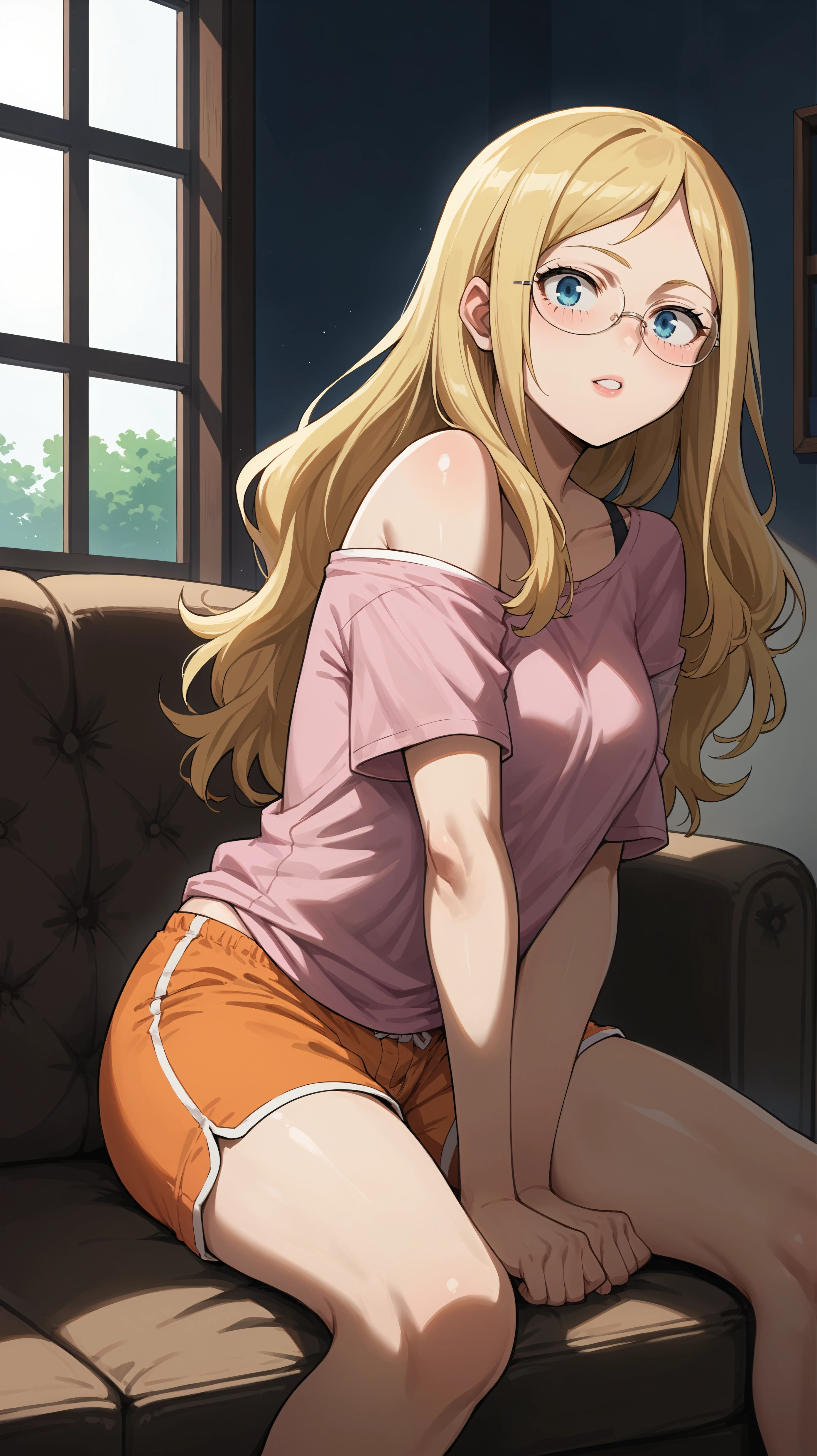 score_9,score_8_up,score_7_up,score_6_up, <lora:xl_more_art-full_v1:0.5>, source_anime, girl, dynamic pose, straddling, <lora:Melissa Shield - Pony:0.8>, long hair, blonde hair, blue eyes, round glasses, pink t-shirt, loose shirt, orange shorts, livingroom, comfortable, relaxing, dim room, dark room, on couch, bare shoulder, pink shirt,