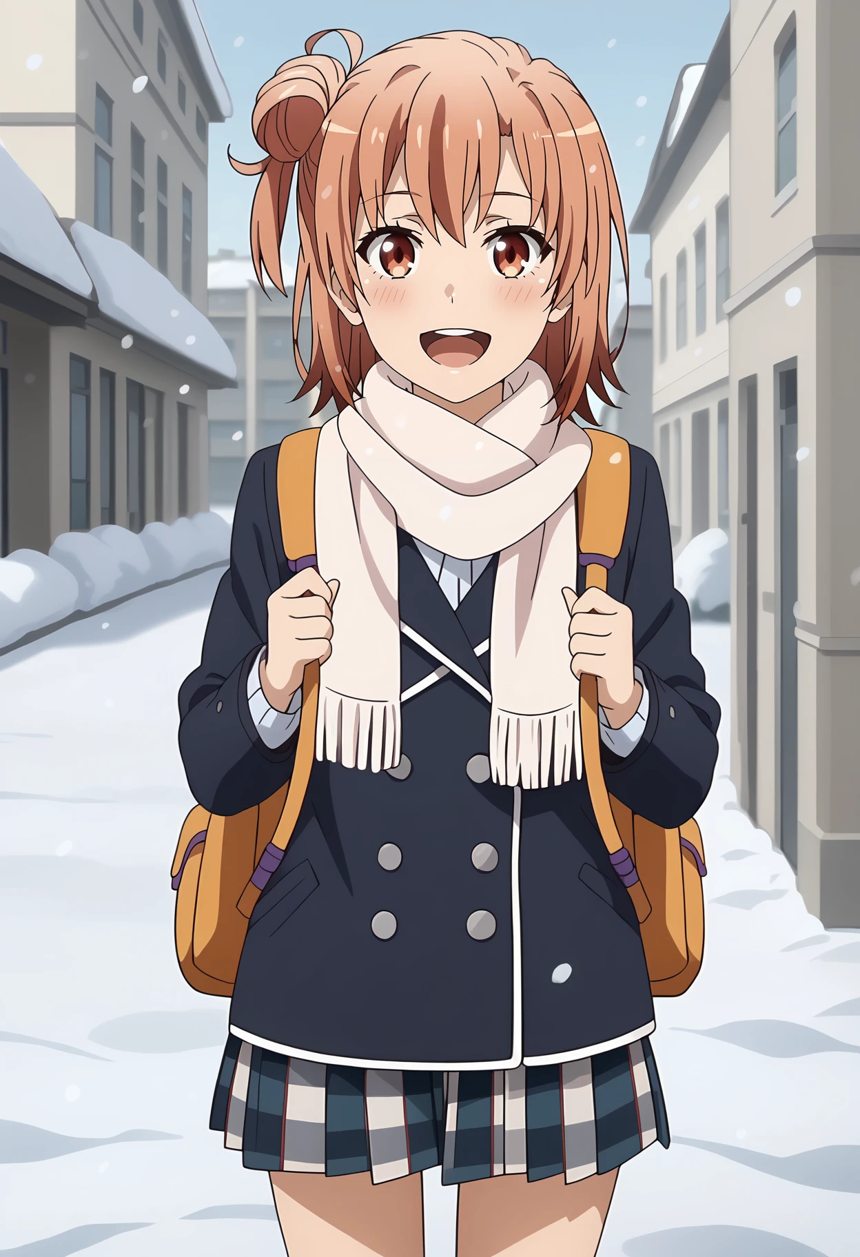 anime screencap,
<lora:YahariOreNoSeishunLoveComedy_YuigahamaYuiXL:0.9>,
1girl, solo, open mouth, smile, blush, upper teeth only, happy,
medium hair, orange hair, single side bun, multicolored eyes, hair between eyes,
YuiWinter, white scarf, blue coat, backpack, long sleeves, plaid skirt, pleated skirt, multicolored skirt,
thigh gap, cowboy shot, standing, looking at viewer,
winter, snow, snowing, school, city, outdoors, blurry background