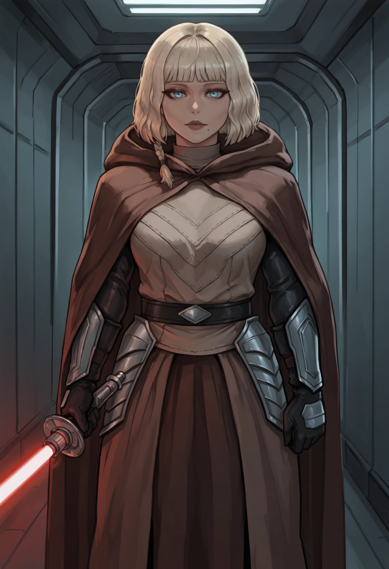 masterpiece, best quality, toned, masterpiece, best quality, toned, 1girl, blue eyes, short hair, blonde hair, side braid, blunt bangs, bob cut, mole under eye, mole under mouth,
shnht,
tunic, leather, brown cape, hooded cape, brown skirt, long sleeves, black gloves, black belt, 
lightsaber, holding sword,looking at viewer, holding weapon, lips,glowing weapon,scifi, indoors, spacecraft, hallway, 
<lora:shnht_idxl_EliPot:1>