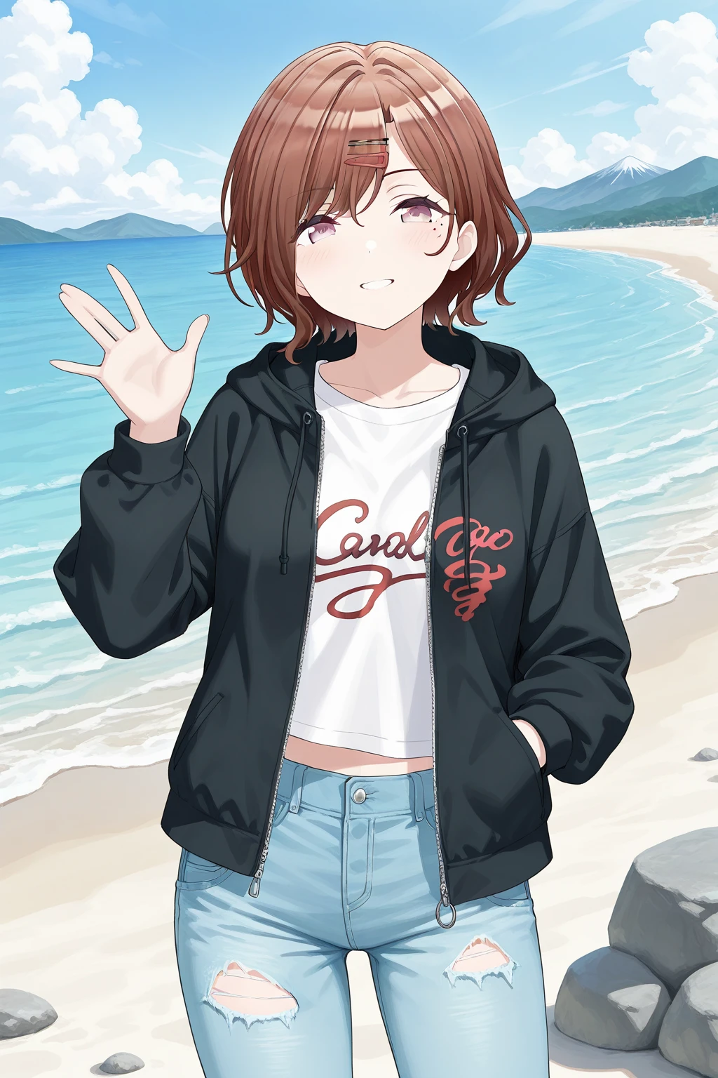 <lora:Higuchi_Madoka:1>, Higuchi Madoka, brown hair, short hair, swept bangs, mole, mole under eye, purple eyes, 1girl, outdoors, denim, solo, smile, pants, jeans, jacket, hand in pocket, shirt, looking at viewer, white shirt, day, rock, waving, open clothes, water, black jacket, open jacket, sky, ocean, grin, long sleeves, cloud, cowboy shot, torn clothes, torn pants, blush, hood, blue sky, standing, zipper, beach, blue pants, hand up, mountain, zipper pull tab, unzipped, midriff peek, hooded jacket, torn jeans, hood down