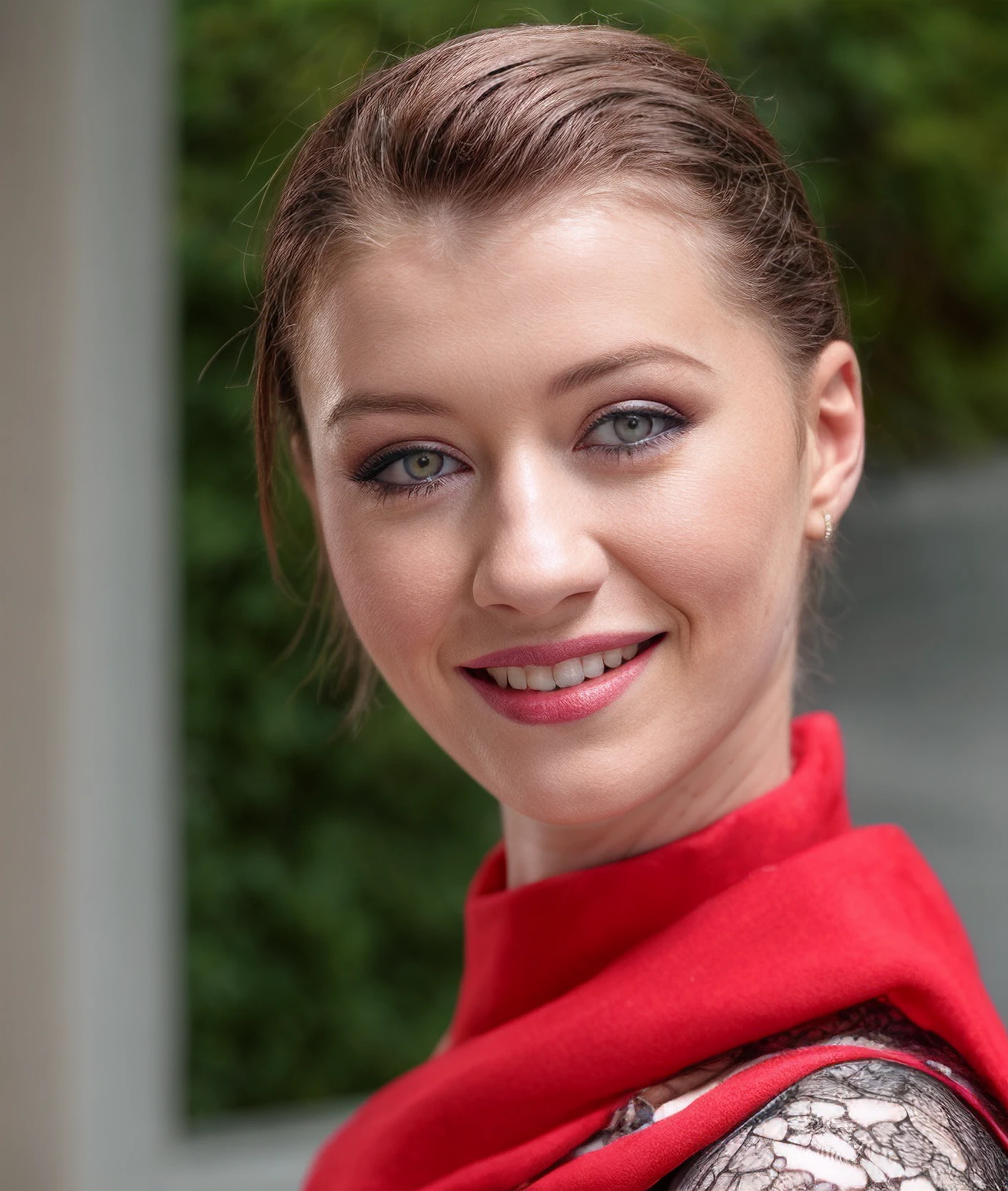 misha, <eyedetail>, <skinhairdetail> professional portrait of 1girl, short hair, smile, grin, looking over shoulder, lace shawl, ribbon in hair, bracelet, turtleneck, outdoors, shadows, realistic, ambient lighting, lipstick, pale skin, skin details <ffacedetail>