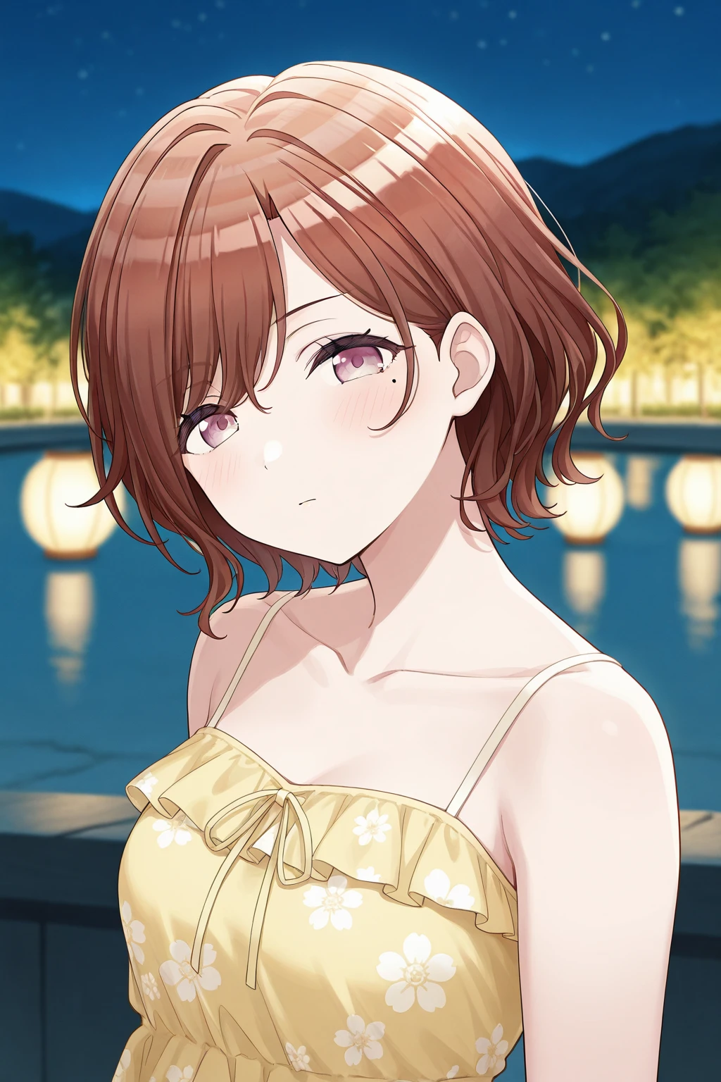 <lora:Higuchi_Madoka:1>, Higuchi Madoka, brown hair, short hair, swept bangs, mole, mole under eye, purple eyes, 1girl, dress, solo, looking at viewer, collarbone, yellow dress, blurry background, bare shoulders, blush, upper body, floral print, ribbon, outdoors, sleeveless, sleeveless dress, spaghetti strap, night, closed mouth