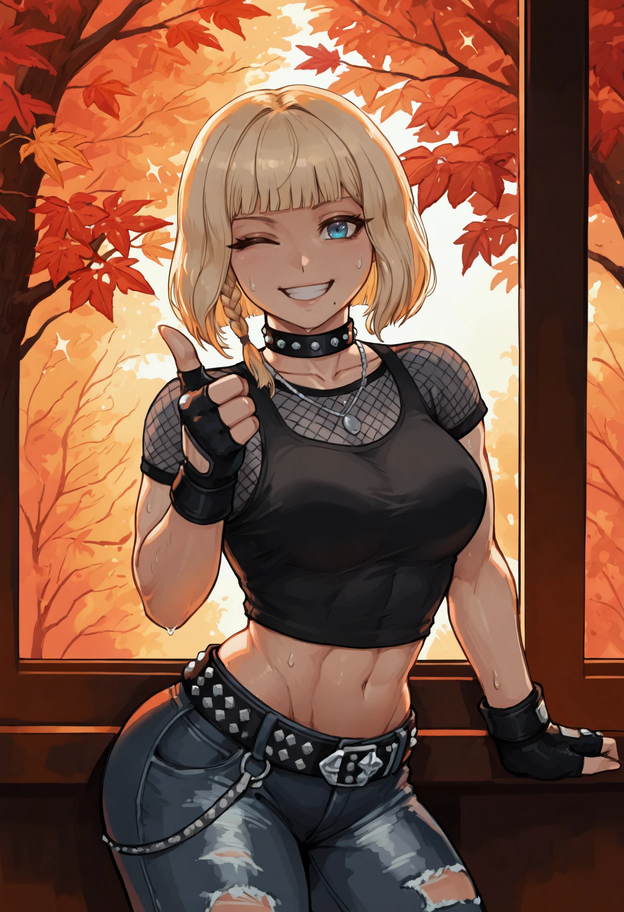 masterpiece, best quality, toned, masterpiece, best quality, toned, 1girl, blue eyes, short hair, blonde hair, side braid, blunt bangs, bob cut, mole under eye, mole under mouth, 
shnht,  
studded collar, necklace, collarbone, black tank top, crop top, fishnet top, fishnets, short sleeves, midriff, navel, fingerless gloves, black gloves, groin, studded belt, torn jeans, looking at viewer, smile, grin, wink, one eye closed, finger gun, hand in pocket, leaning, indoors, sparkle, window, autumn leaves, forest, sweat, light rays, orange theme, from side, cool,
<lora:shnht_idxl_EliPot:1>