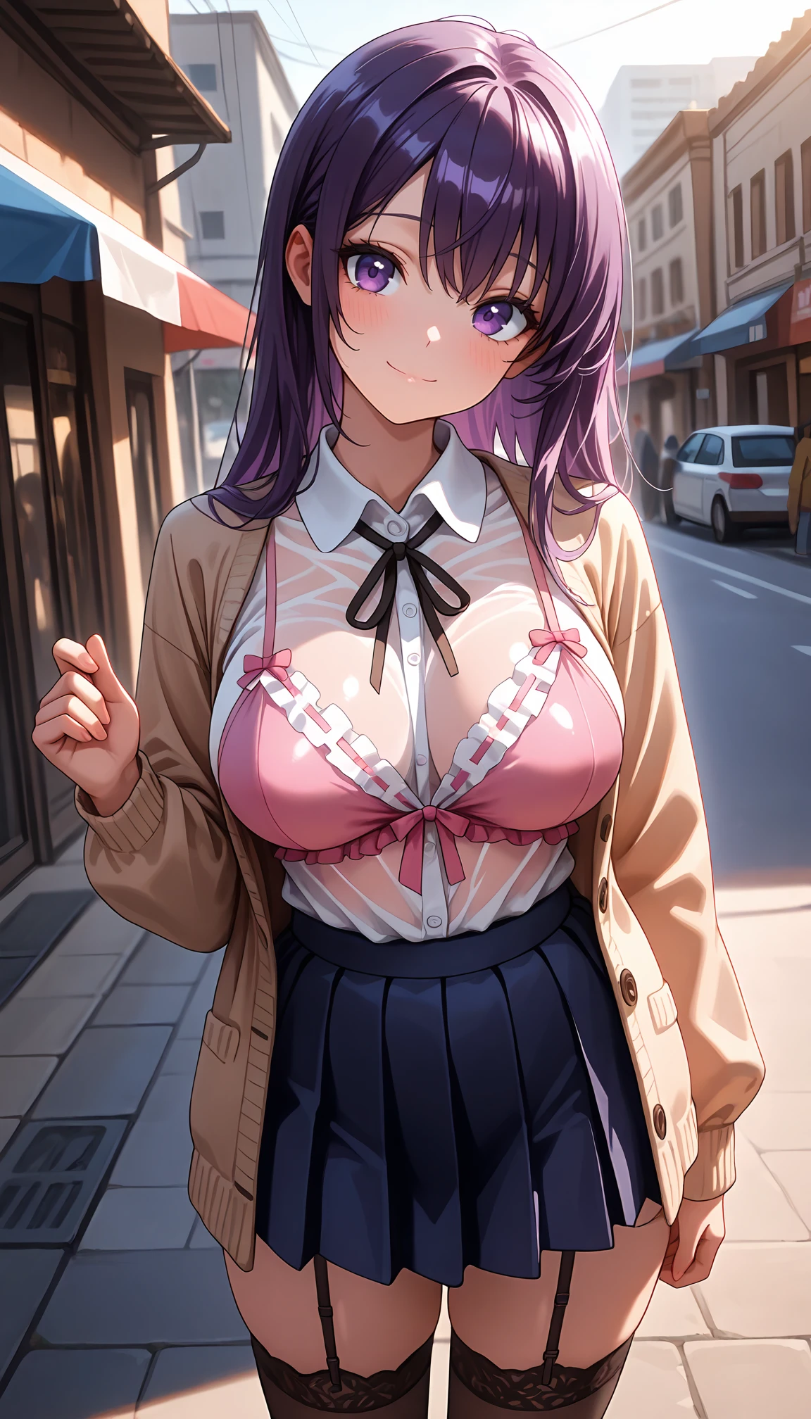 masterpiece,best quality,amazing quality, outdoors, street, sunlight, standing, happy, smile head tilt, depth of field,  <lora:Mako-chan_Kaihatsu_Nikki:0.8> makchn, niv,  scuni, purple hair, purple eyes, pink cupless babydoll, frills, spaghetti strap, pink bow, black ribbon trim, pink crotchless string panties, large breasts, bare legs,  <lora:IL_Between_pencils_and_semi-realism_Style:0.3> stbedap, garter straps, thick black thighhighs, (blue pleated skirt), beige open cardigan, (white collared shirt:1.6), (see-through shirt:1.2),