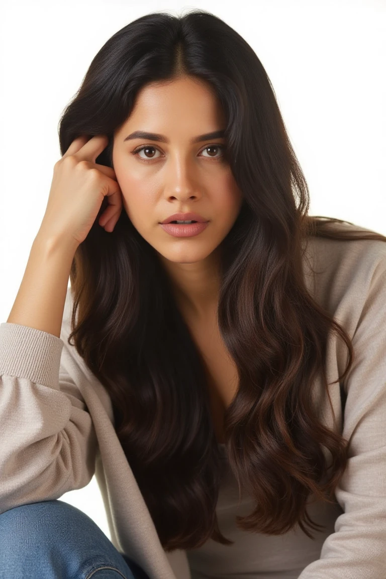 High quality realistic beauty shot of a gorgeous woman, stting and posing in a studio room. rembrandt lighting. a woman with long dark brown hair, wearing a loose winter top. She is posing, with her hand in her hair. The background is a stark white, creating a stark contrast to the woman's outfit.