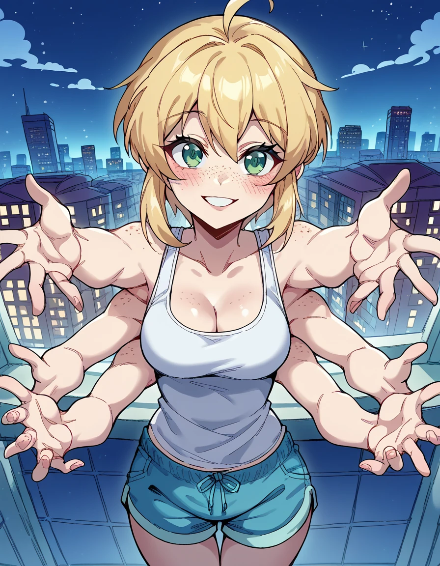 score_9, score_8_up, score_7_up, source_anime, <lora:heather-brown-ponyxl-lora-nochekaiser:1>, heather brown, extra arms,, tank top, cleavage, blue shorts, short shorts, medium breasts, green eyes, blonde hair, short hair, freckles, ahoge,, city skyline, rooftop view, night time, city lights, quiet reflection, smile, <lora:incoming-hug-ponyxl-lora-nochekaiser:1>, incoming hug, looking at viewer, reaching, reacing towards viewer, outstretched arms,, bedroom, smile, blush, parted lips, looking at viewer, solo,, dutch angle, cowboy shot