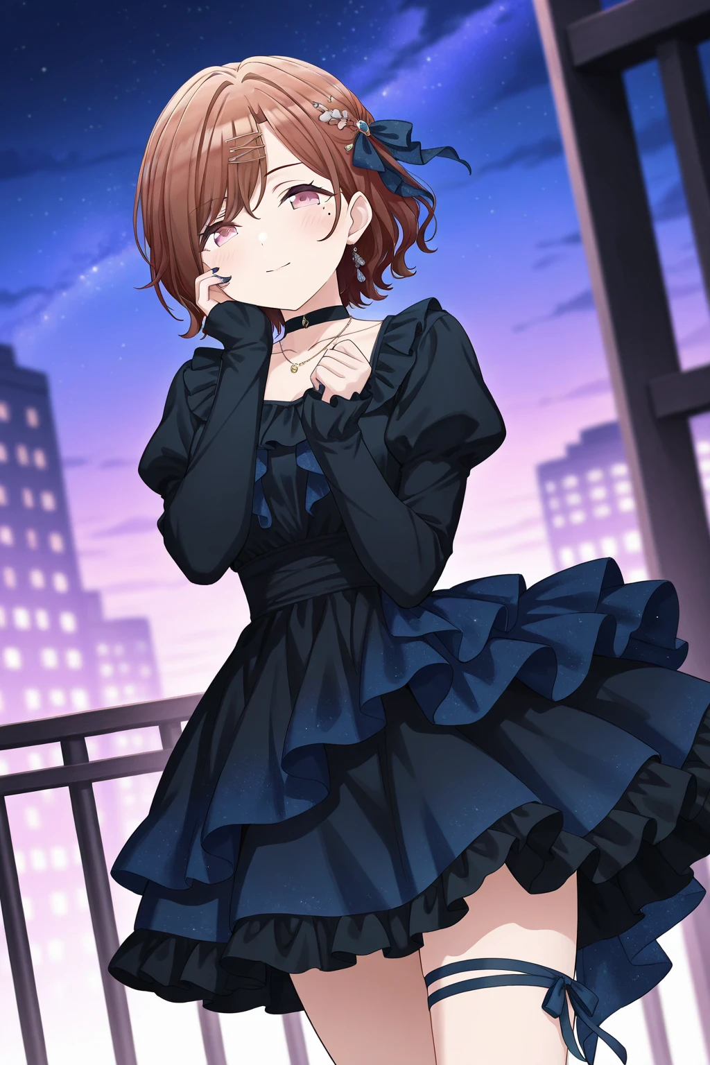 <lora:Higuchi_Madoka:1>, Higuchi Madoka, brown hair, short hair, swept bangs, mole, mole under eye, purple eyes, 1girl, solo, dress, smile, ribbon, looking at viewer, long sleeves, night, thigh ribbon, frilled dress, leg ribbon, choker, frills, railing, blush, juliet sleeves, puffy sleeves, black dress, closed mouth, cowboy shot, sky, hand on own face, outdoors, hands up, hair ribbon, blurry background, night sky, jewelry, necklace, blue dress, collarbone, blue ribbon, hand on own cheek, black ribbon, thigh strap, nail polish, hair ornament, standing, black choker, dutch angle, star \(sky\), sleeves past wrists