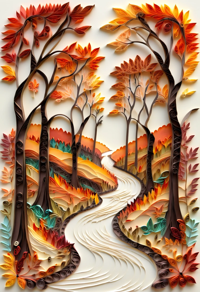 paper quilling, layered paper, forest, winding path, autumn leaves, textured layers
