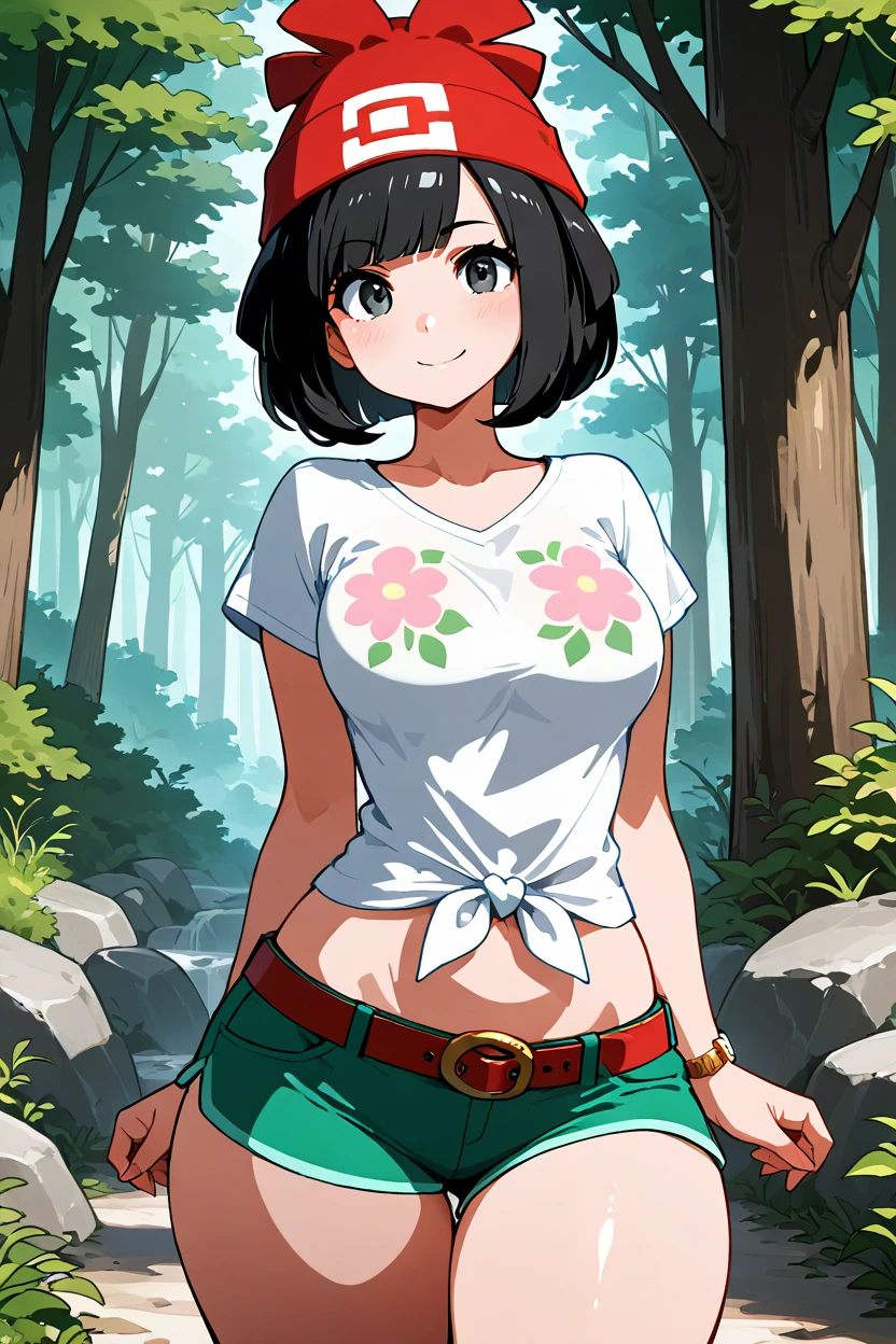 masterpiece, best quality, medium breasts, (curvy),  ,,, BREAK, zzSelene, 1girl, solo, black hair, green shorts, red headwear, beanie, shirt, tied shirt, floral print, short hair, short sleeves, short shorts, striped, white shirt, belt, <lora:SeleneIXL:1.0>,BREAK,  smile, looking at viewer, cowboy shot,  <lora:QuickCuteIXL:1.0>, ,