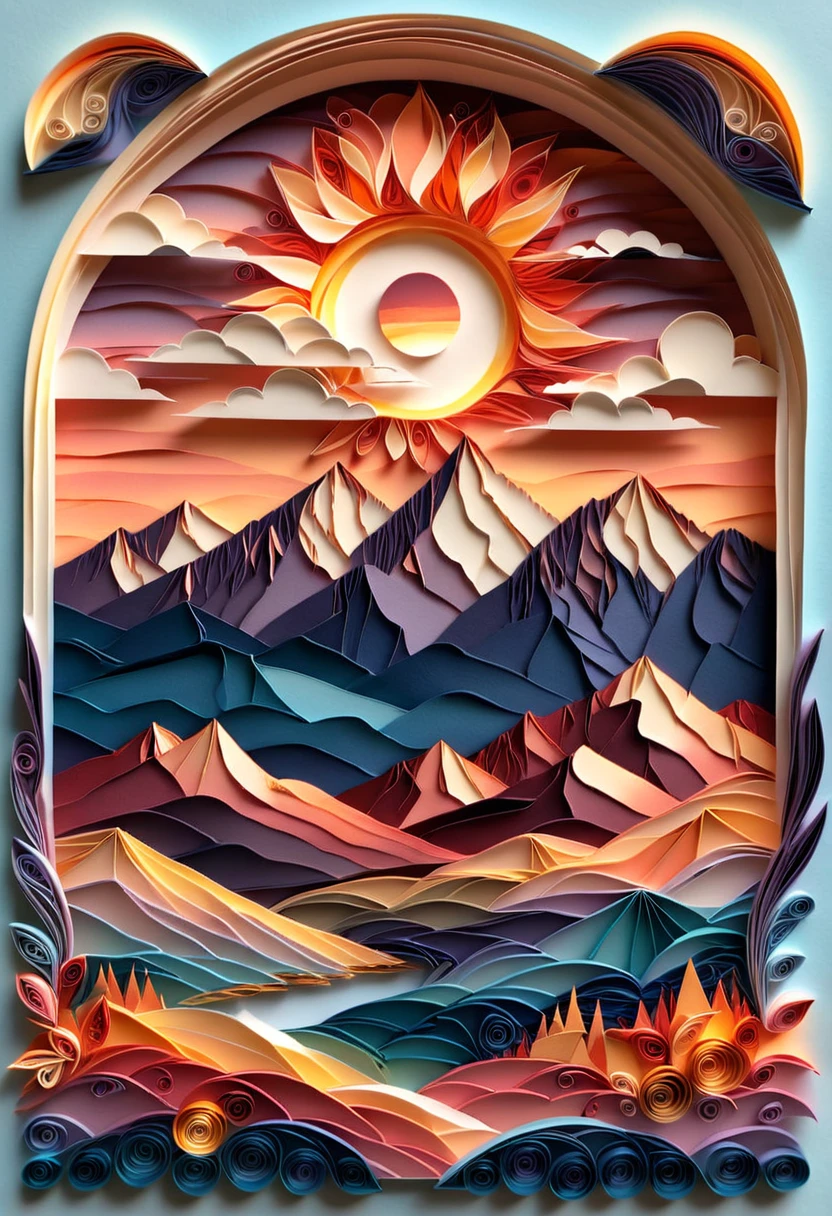 paper quilling, layered paper, mountains, sunrise, cloud formations, soft gradients
