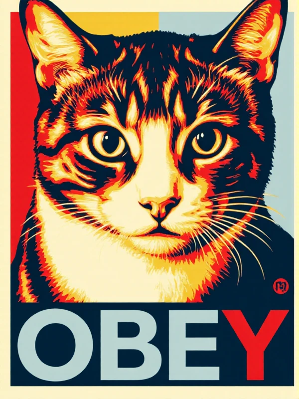 <lora:Shepard_Fairey_Style:0.9> shepard fairey style, a cat closeup face portrait with the text "OBEY"