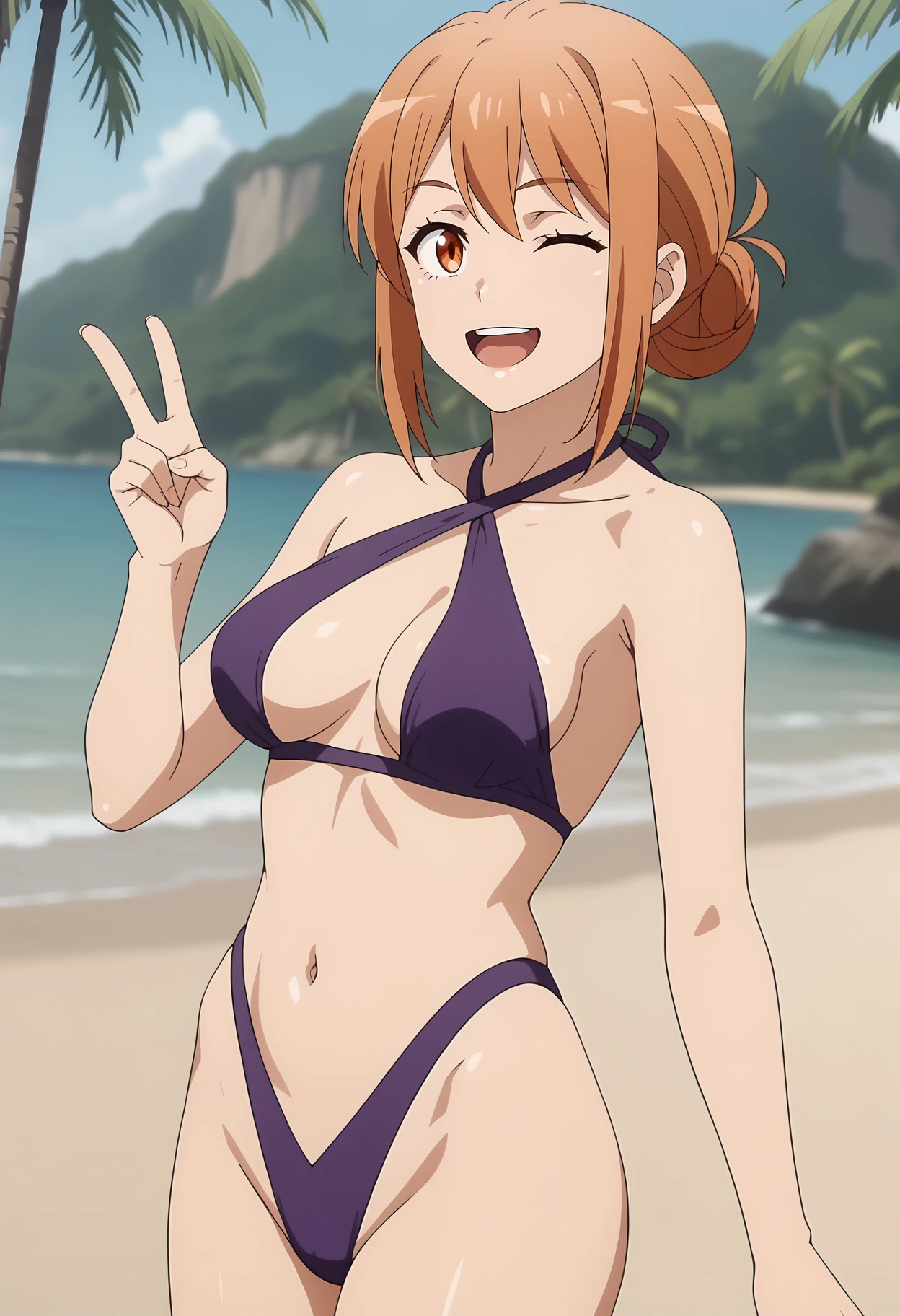 anime screencap,
<lora:YahariOreNoSeishunLoveComedy_GahamamaXL:0.9>,
1girl, solo, closed mouth, smile, upper teeth only, one eye closed, v, v over eye, tongue out,
single hair bun, orange hair, orange eyes,
Gahamama, purple bikini, center opening, halterneck, medium breasts, highleg bikini,
cowboy shot, standing, looking at viewer,
beach, horizon, water, palm tree, outdoors, blurry background