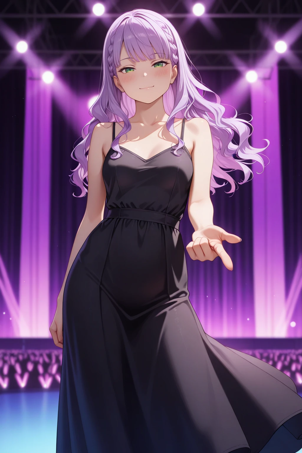 masterpiece, best quality, amazing quality, very aesthetic, absurdres, photorealistic, 1girl, solo,
<lora:wien_izo_IL:0.8>, wien, long hair, wavy hair, purple hair, green eyes, braid,
medium breasts, black dress, bare shoulders, chest, collarbone, long dress,
half closed eyes, seductive gaze, bedroom eyes, closed mouth, loving smile, happy,
blush, looking at viewer, standing, contrapposto, arm up, pointing at viewer, beckoning, floating hair, floating clothes,
blurry background, stage lights, concert, stage, purple lights,