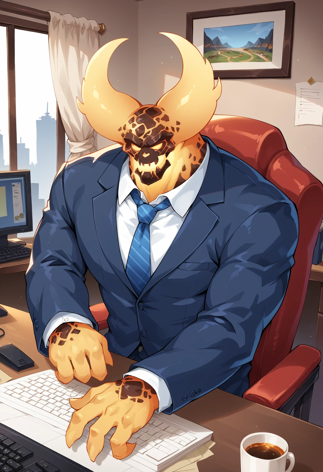 zPDXL3, score_9, score_8_up, score_7_up, detailed face, detailed body, detailed background, perfect anatomy, masterpiece, high quality, best quality, source_monster,indoors, office, window, city BREAK sitting, computer, keyboard, monster, ragnaros, lava body, muscular, suit, tie, 4 fingers <lora:detailed_notrigger:1> <lora:Ragnaros_WoW_V1:0.8>