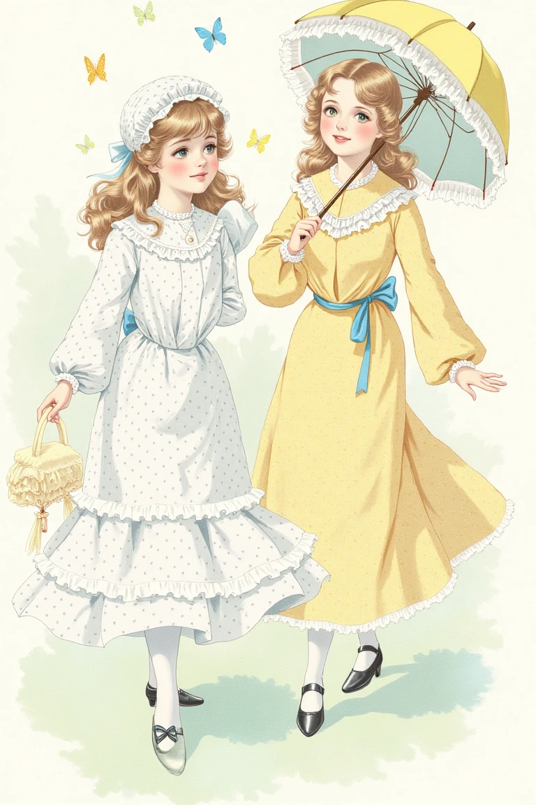 Illustration HBClaflin style of two young girls in dresses, one holding a parasol and both with butterflies around them.