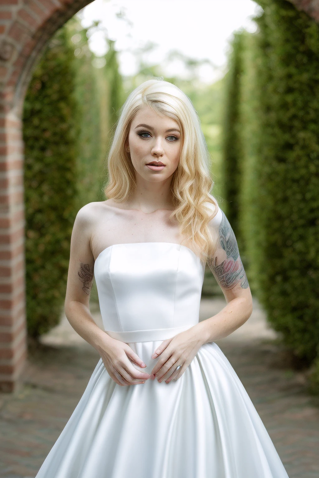 misha, wedding dress, hand on hips, archway, outdoors, sunlight in hair, shadows, trees, makeup, haze, glare,  wavy hair, blonde hair, lip focus, <eyedetail>, <skinhairdetail> cinemascope, cute, shadows, shallow depth of field, sharp focus, tattoo