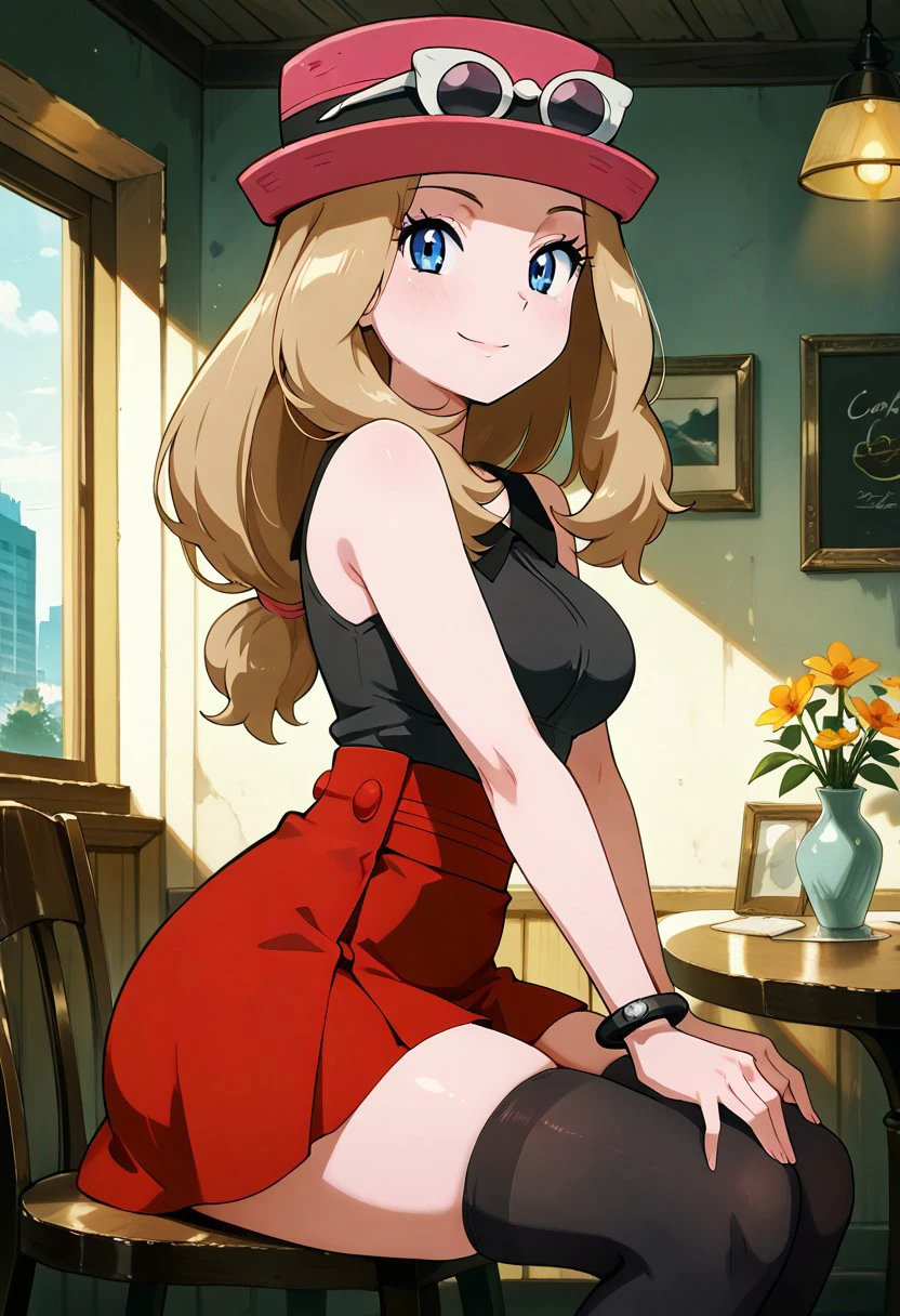 masterpiece, best quality, medium breasts, (curvy),
zzSerena, solo, long hair, blue eyes, eyewear on headwear, pink headwear, eyelashes, sleeveless shirt, black shirt, bracelet, high-waist skirt, red skirt, black thighhighs, side view, holding knee,
smile, looking at viewer,
cheerful expression, sitting at a café table, flower centerpiece, warm lighting, urban background, detailed outfit, cozy romantic atmosphere