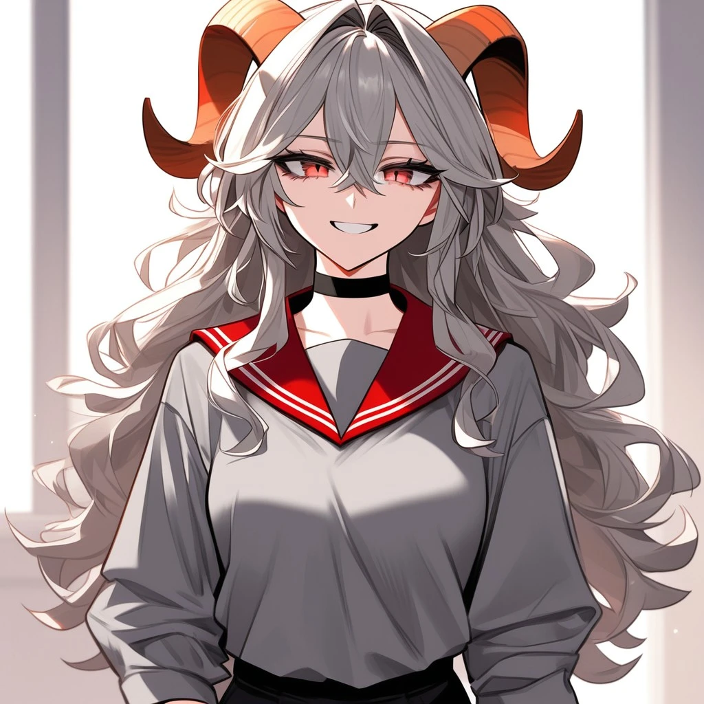 1girl, solo, hannah_(populamalus), a young woman in her twenties, long hair, light grey hair with black strikes, hair intakes, hair between eyes, goat ears, red goat horns, reddish orange eyes, white pupils, oversized clothes, black long shirt, red sailor collar, short sleeves, grey long-sleeve shirt, short over long sleeves, black choker, black shorts, expressive face, smile