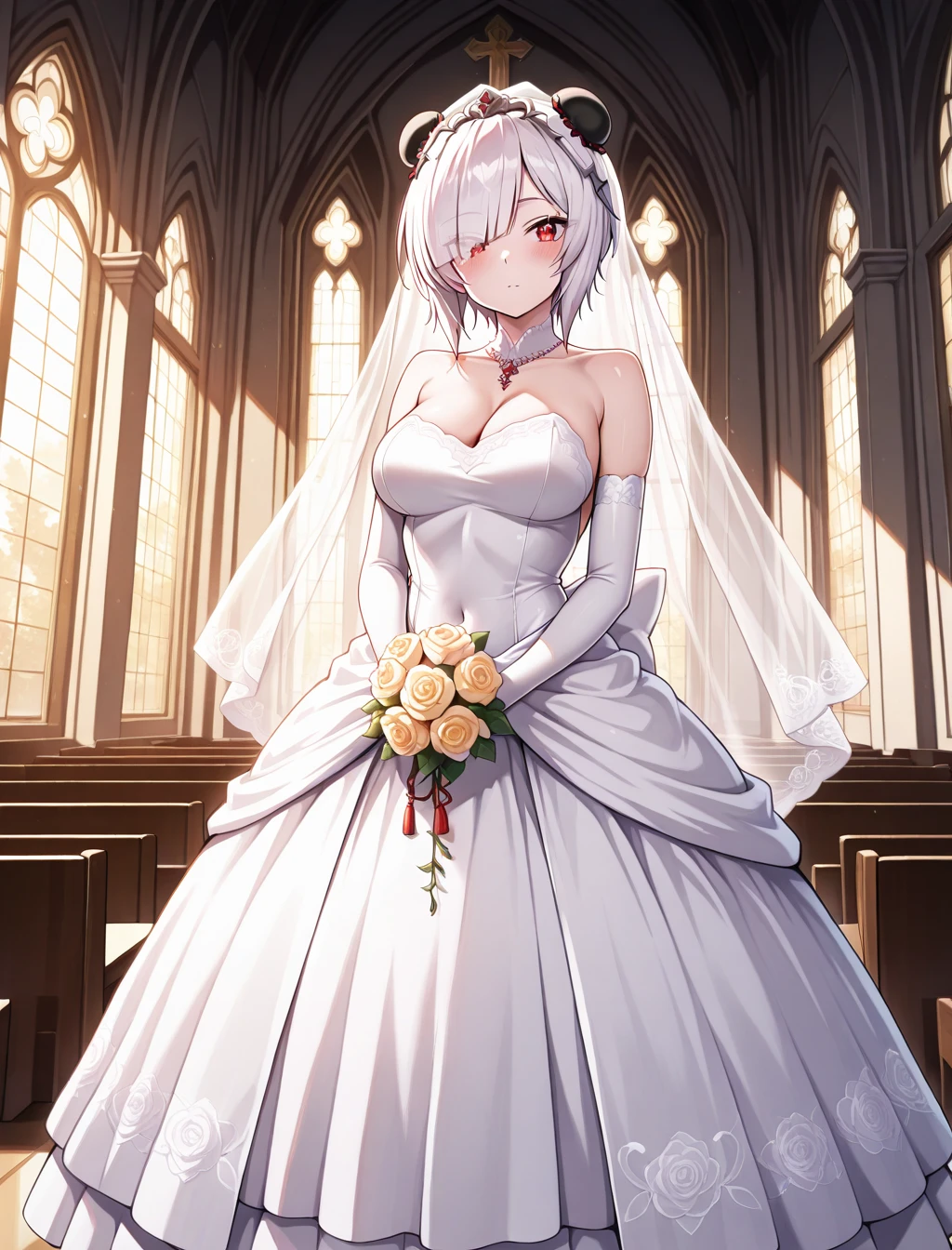 (masterpiece) ,best quality,amazing quality,very aesthetic,absurdres,newest, anime style, BREAK Shu_Xian, (wedding dress), church, standing