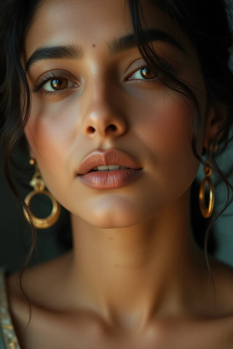 A realistic photo of aishuflx, a woman, close up, dark brown eyes, overhead studio lighting, well lit, High quality, advertisement look, blurred background