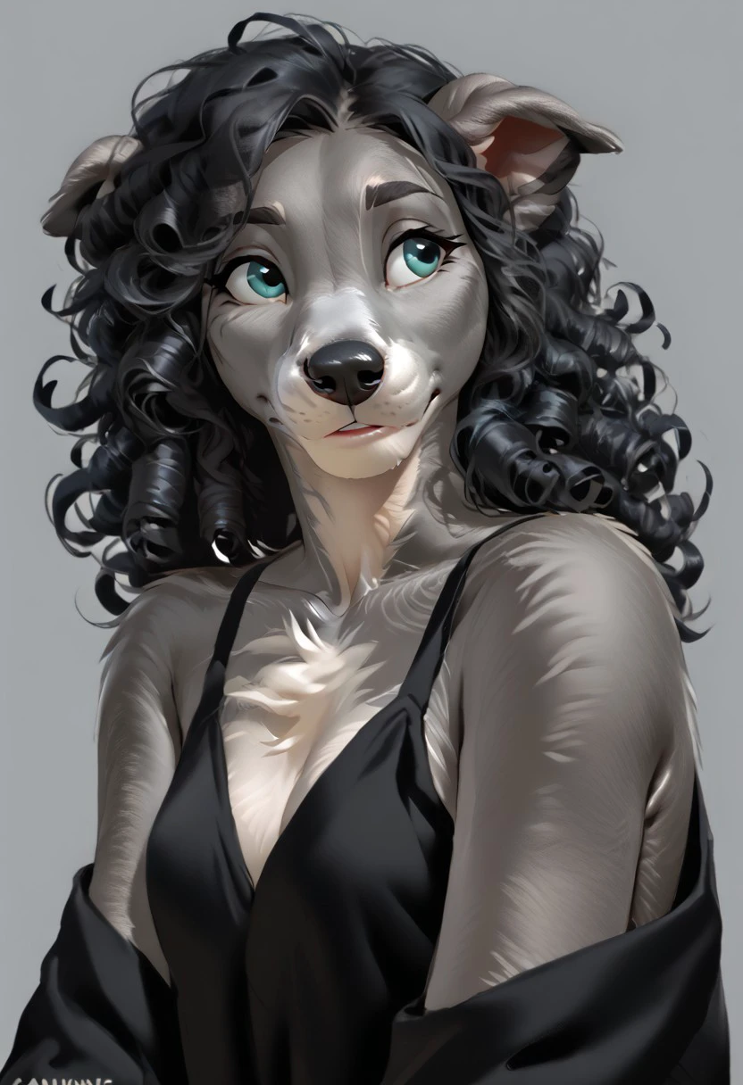 score_9, score_8_up, score_7_up, (by kittydee:1.5), (by jailbird:1.5), (by zummeng:1.5), masterpiece, best quality, (solo),
(Furry Art: Anthro: Greyhound:1.5), expressive eyes, feminine eyes, perfect face, feminine face, dog, canine, slim build, long snout, floppy ears, small breasts, perfect face, (grey fur:1.5), teal eyes, black hair, (curly hair),