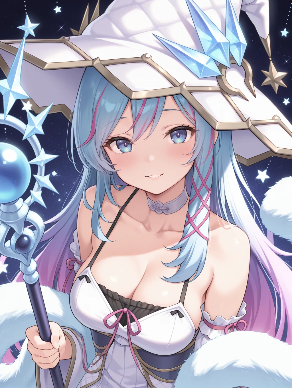 1girl, solo, cleavage, looking at viewer, blush, smile, collarbone, upper body, parted lips, medium breasts, facing viewer, star \(symbol\), from above, white choker, white detached sleeves, white sleeveless dress, white witch hat, purple hair ornament, fur trim boa, staff, rilliona the magistus of verre
masterpiece,best quality,amazing quality,very aesthetic,absurdres,newest,<lora:Rilliona, the Magistus of Verre illuXL v1:0.72>,