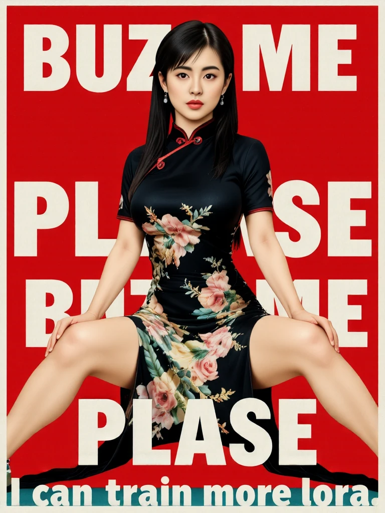 (text "buzz me please" in sky:1.2),20yo  beautiful chinese cute girl with blushing and female orgasm,the sidelight outlines her sexy body curves,(the ultimate thin waist:1.3),
<lora:cheongsam_f1_rank4_bf16:1>,she wearing black cheongsam with floral print,china dress,qipao,
--,
<lora:BustyWomen-v3:0.7>,
<lora:wangzuxian_flux:1>,
--,
a retro-inspired poster with bold, occult-themed typography reading: 'BUZZ ME PLEASE: I can train more lora' The design evokes a dark, rebellious energy with a vintage aesthetic, blending elements of mysticism and edgy style.In the center of the poster, a fierce model poses spread legsï¼commanding energy of her pose.Her facial expression is cold and confident, her lips pressed into a slight smirk, as she stares directly at the viewer with an intense, almost defiant gaze. Her body language exudes power and control, hands resting on her thighs as she dominates the scene. The deep red backdrop, paired with the bold white text, contrasts with her dark, glossy outfit, creating a captivating visual that suggests rebellion, mystery, and dark allure.,