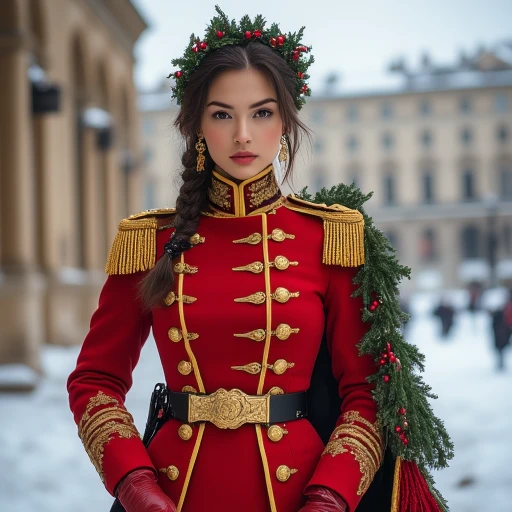 The image is a high-resolution photograph featuring a young woman standing in front of a snow-covered, historic building with ornate architectural details. She is dressed in a striking, richly detailed military-style uniform coat in a deep red color. The coat is adorned with gold epaulettes, gold buttons, and intricate gold embroidery on the sleeves. The coat is cinched at the waist with a wide, ornate belt featuring a large, golden buckle. She has a stern, composed expression, with a slight tilt of her head and a direct gaze at the camera.  Her hair is styled in a sleek, loose braid draped over her right shoulder, adorned with a festive, greenery-covered headband.