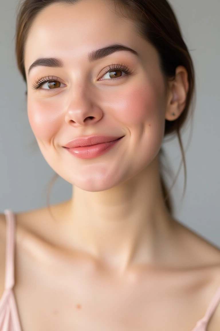 High quality realistic beauty shot of haniaaflx. A close-up shot of a woman. She is wearing a camisole blouse. Her lips are a light pink color. Her hair is pulled back. The backdrop is a light gray. She is giving a beautiful smile.