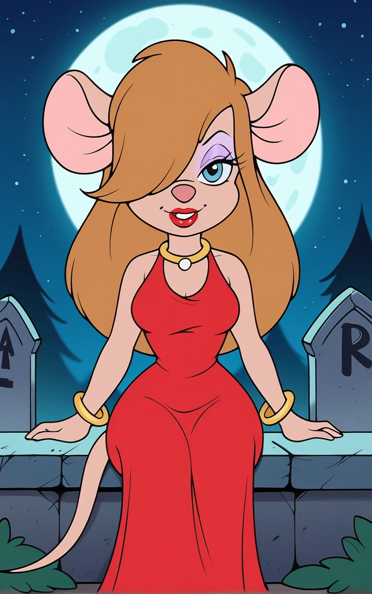 score_9, score_8_up, score_7_up, looking at viewer,  BREAK
RedDress_GadgetHackwrench_ownwaifu, 
1girl, eyelashes, long hair, mouse ears, mouse girl, orange hair, snout, furry female, makeup, animal ears, blue eyes, animal nose, jewelry, necklace, hair over one eye, lipstick, eyeshadow, body fur, red lips, mouse tail, breasts, one eye covered, buck teeth, brown fur, bangs, sidelocks,
red dress, sleeveless dress, bare shoulders, bracelet, side slit, bangle,
(sitting, full moon), graveyard, grave, tombstone, moonlight, <lora:PONYXL_GadgetHackwrench_ownwaifu:0.8> , depth of field, solo, Interesting Image, Captivating Image,