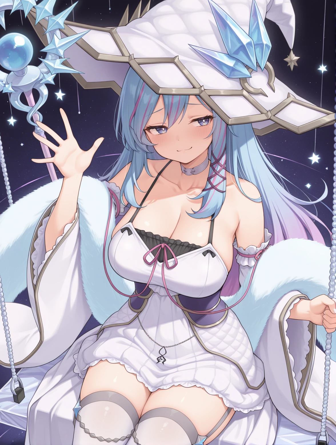 1girl,solo,staff,crystal high heels,black garter straps,crystal,white thighhighs,large breasts,collarbone,star \(symbol\),looking to the side,white choker,blush,white detached sleeves,white sleeveless dress,white witch hat,purple hair ornament,fur trim boa,swing,from above,sitting,purple corset,rilliona the magistus of verre,looking at viewer,waving,smug
masterpiece,best quality,amazing quality,very aesthetic,absurdres,newest,<lora:Rilliona, the Magistus of Verre illuXL v1:0.72>,