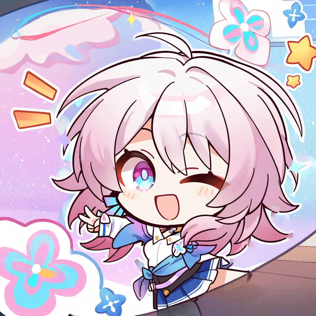 yuzu chibi,
1girl,march 7th \(honkai: star rail\)honkai: star rail,happy,one eye closed,v,open mouth,star \(symbol\),looking back,
masterpiece,best quality,highres,absurdres,
<lora:yuzusoft2_NoobVpred06:1>,