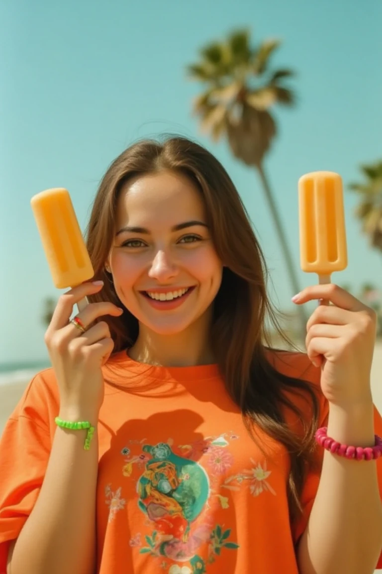 Analog kodak colour Photo of haniaaflx, A close-up shot of a woman with long brown hair, wearing an orange t-shirt with a colorful design on the front. She is holding popsicles in both her hands. Both her hands are raised up to show the popsicles. The woman's left wrist is adorned with a pink bracelet and a green bracelet. The background is a light blue sky with palm trees behind her. She is smiling