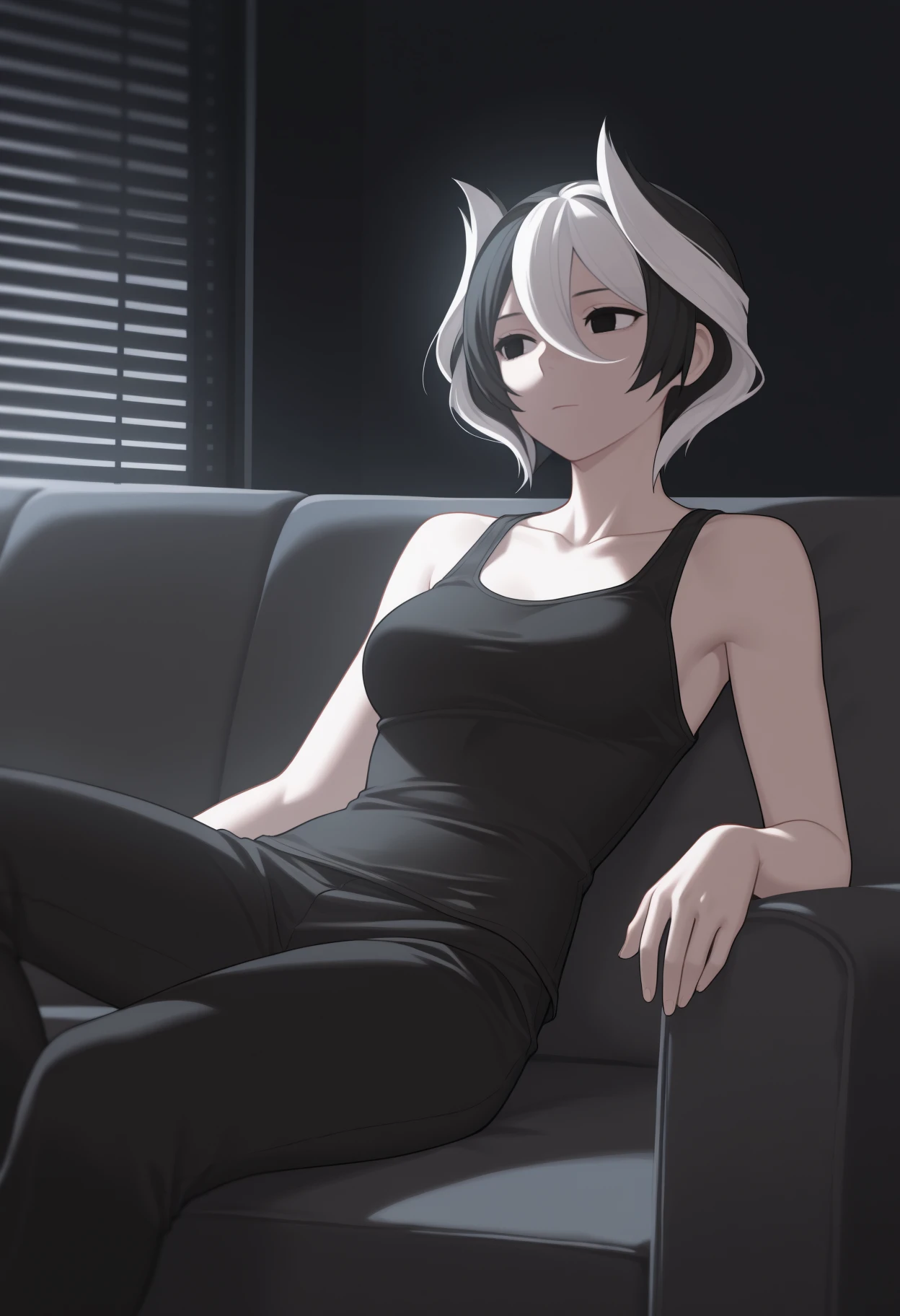 masterpiece, best quality, <break> solo, 1girl, oz3n, expressionless, looking away, sitting, couch, leaning back, short hair, two-tone hair, black hair, white hair, hair between eyes, black eyes, black tank top, black pants, bare shoulders, collarbone, medium breasts, indoors, dark background, living room, window blinds
<segment:yolo-Anzhc Face seg 640 v2 y8n.pt,0.4,0.5//cid=1>