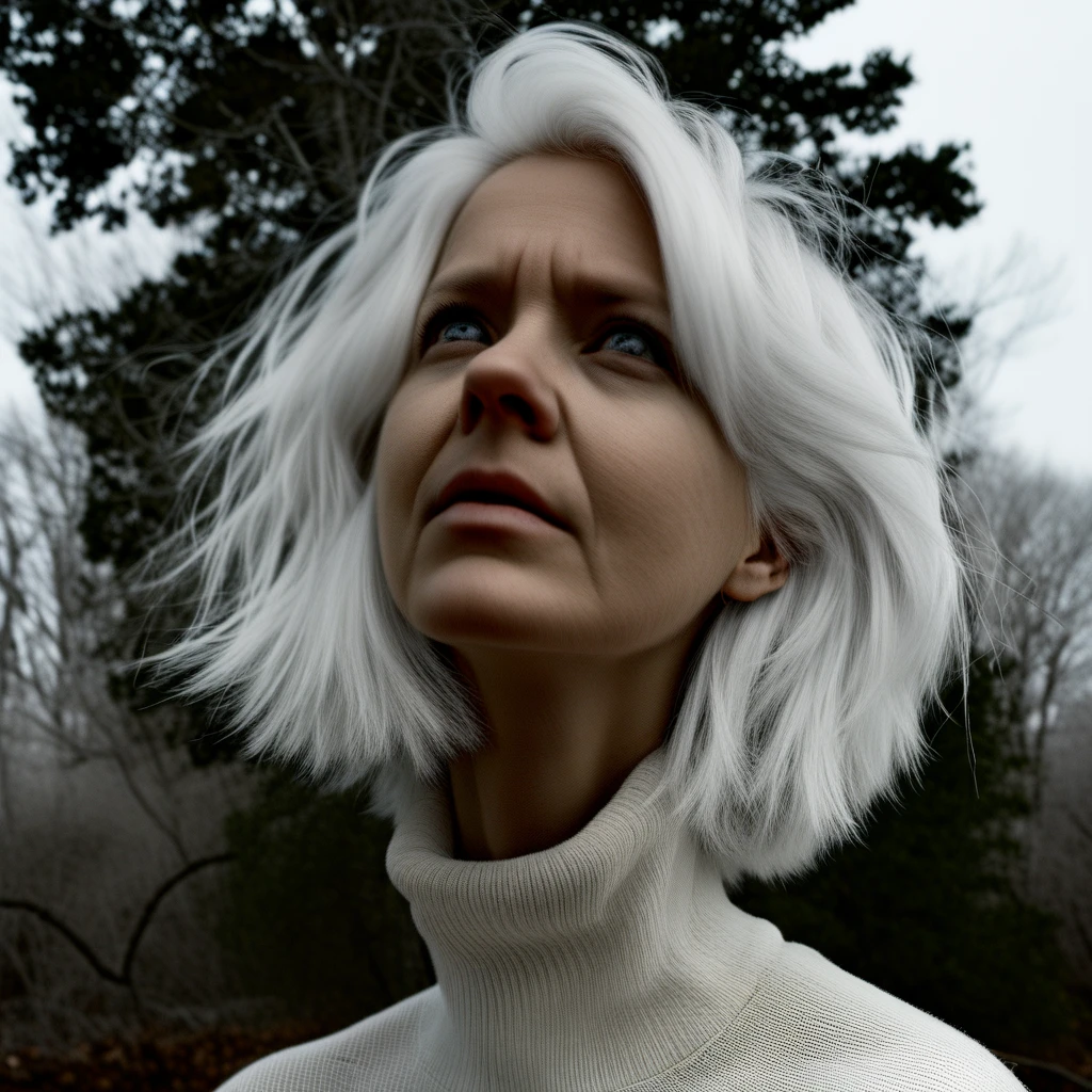 white hair, messy hair, mole, looking up, turtleneck, tree, upper body, white shirt, crying