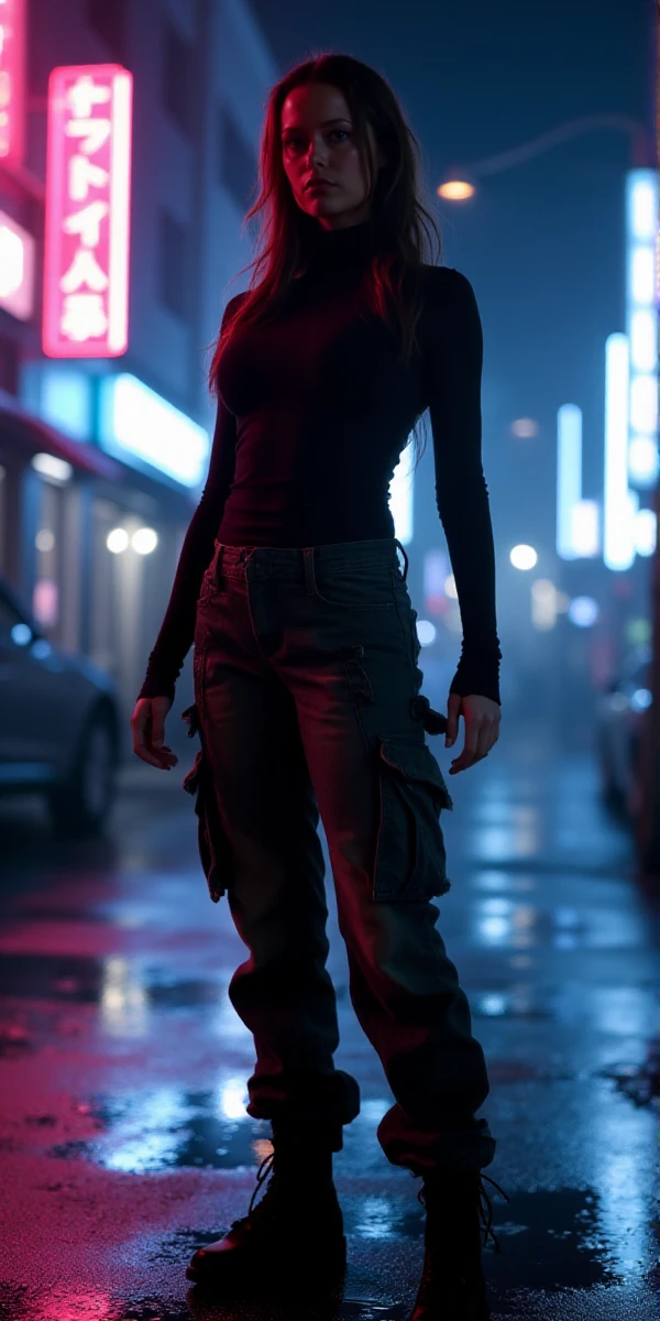 <lora:Cameron Phillips:0.9> full body, cameron  phillips is woman. She wears a cargo pant and turtleneck. She stands in a cyberpunk night scenery with neon lights